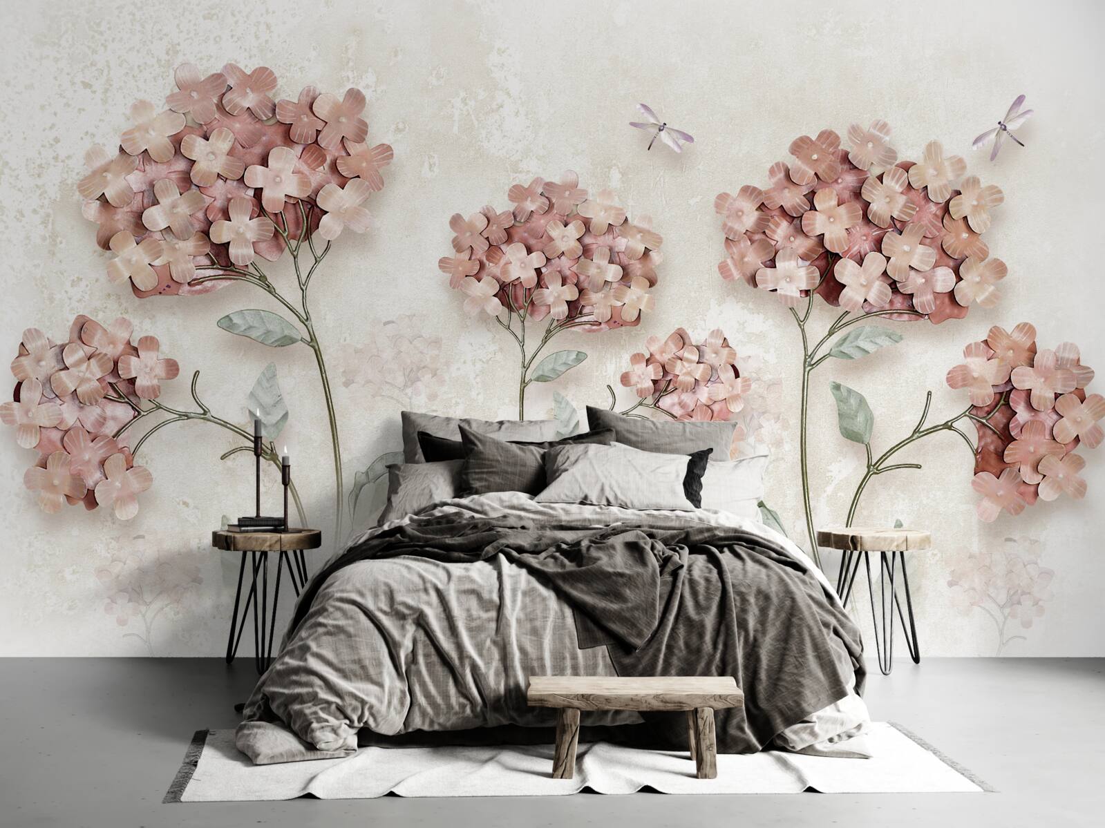 Fototapeta ważki fruwają w pobliżu różowych kwiatów