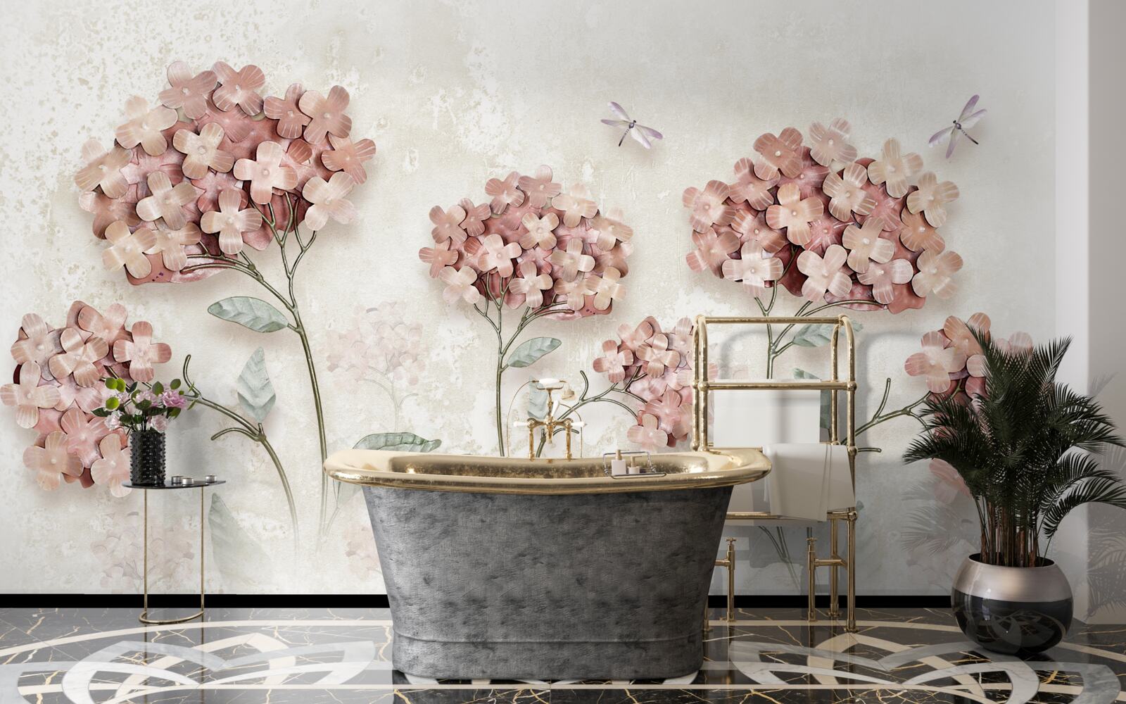 Fototapeta ważki fruwają w pobliżu różowych kwiatów