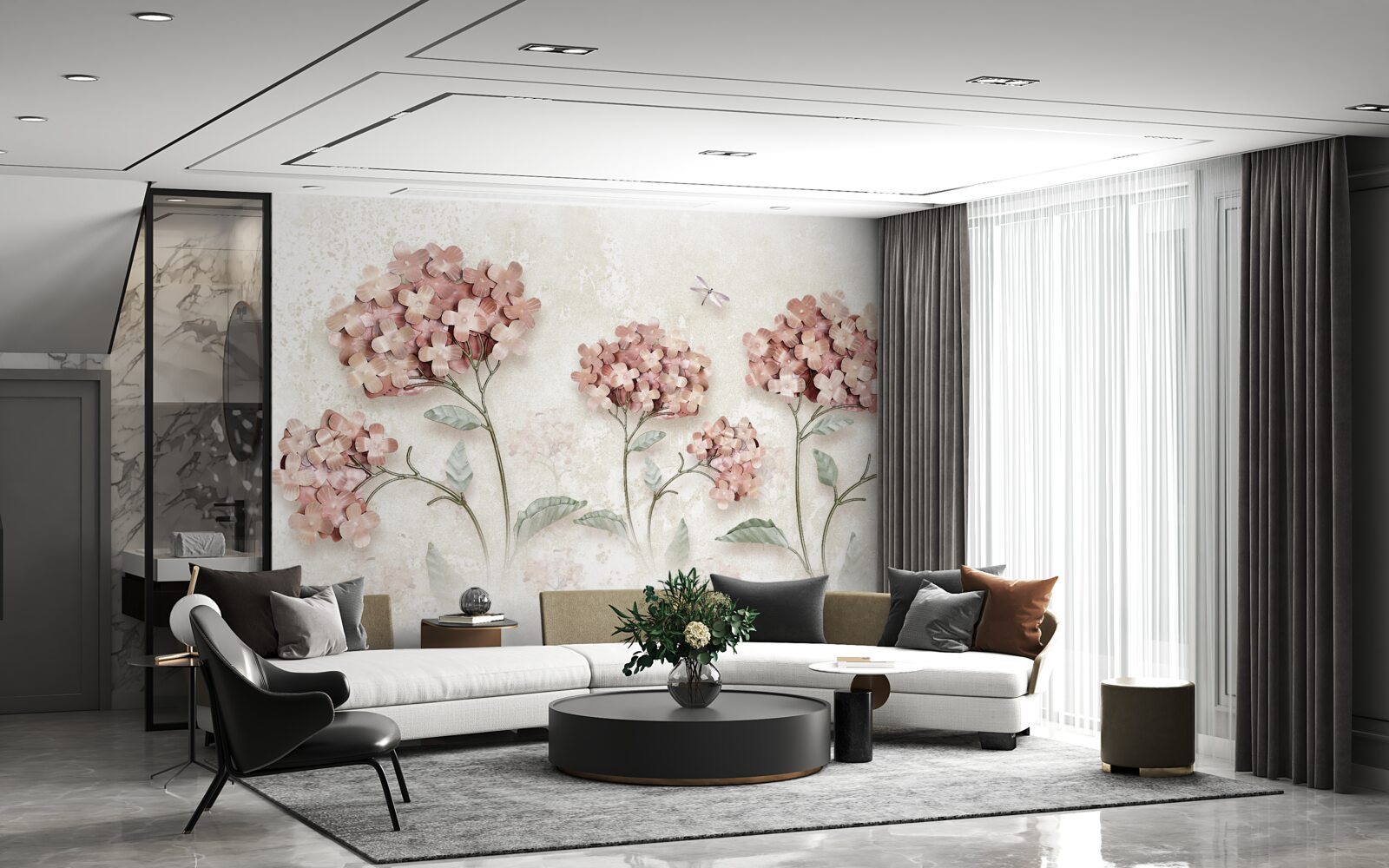 Fototapeta ważki fruwają w pobliżu różowych kwiatów