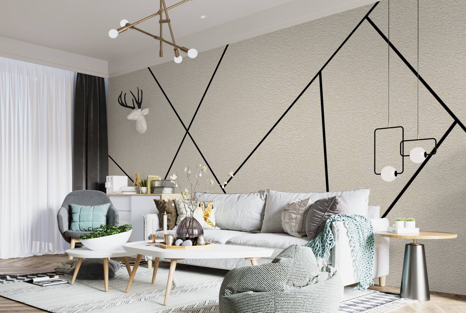 Fototapeta jasna ściana z gładkimi czarnymi liniami