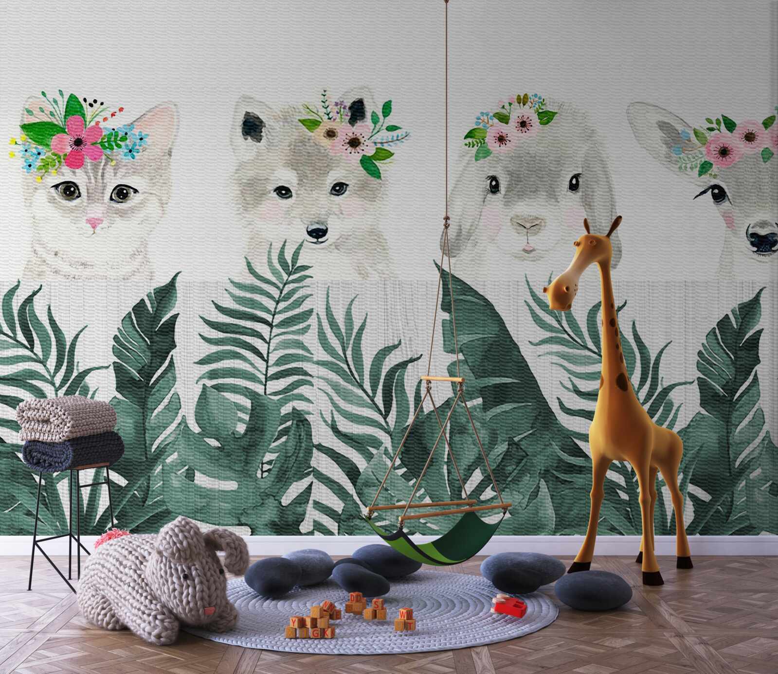 Fototapeta twarze zwierząt z kwiatami