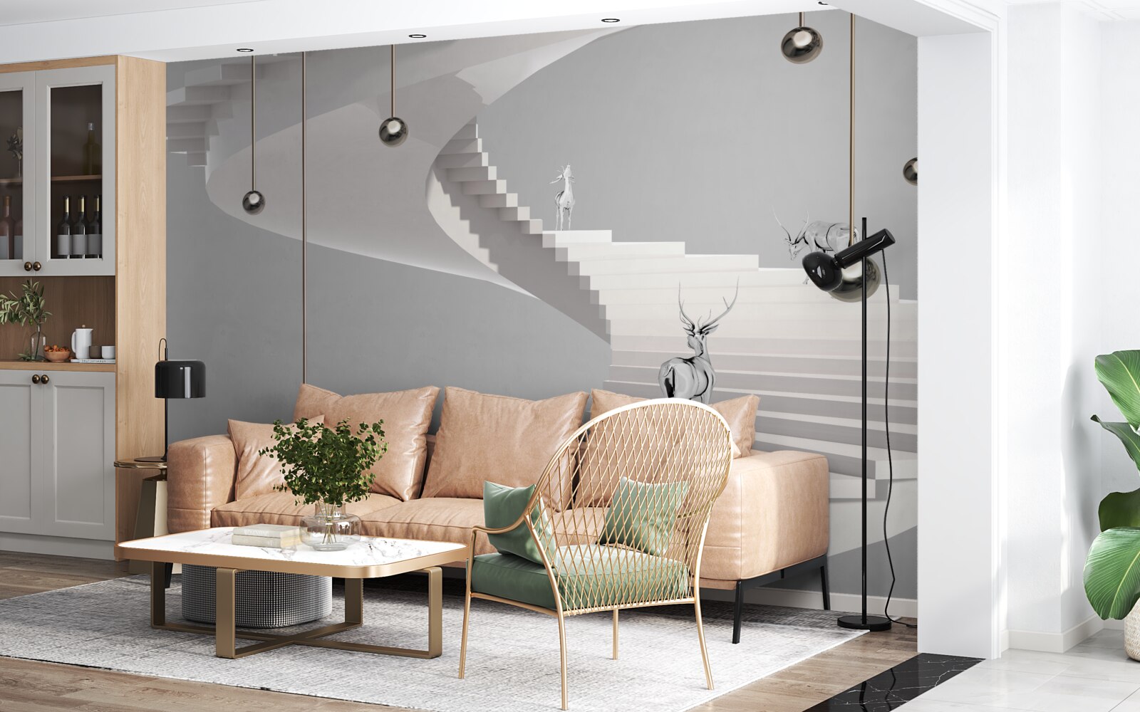 Fototapeta jeleń na spiralnych schodach