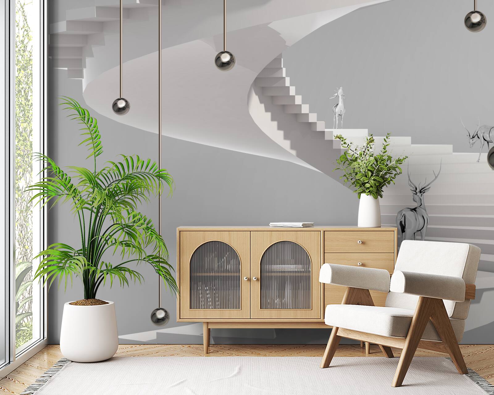 Fototapeta jeleń na spiralnych schodach