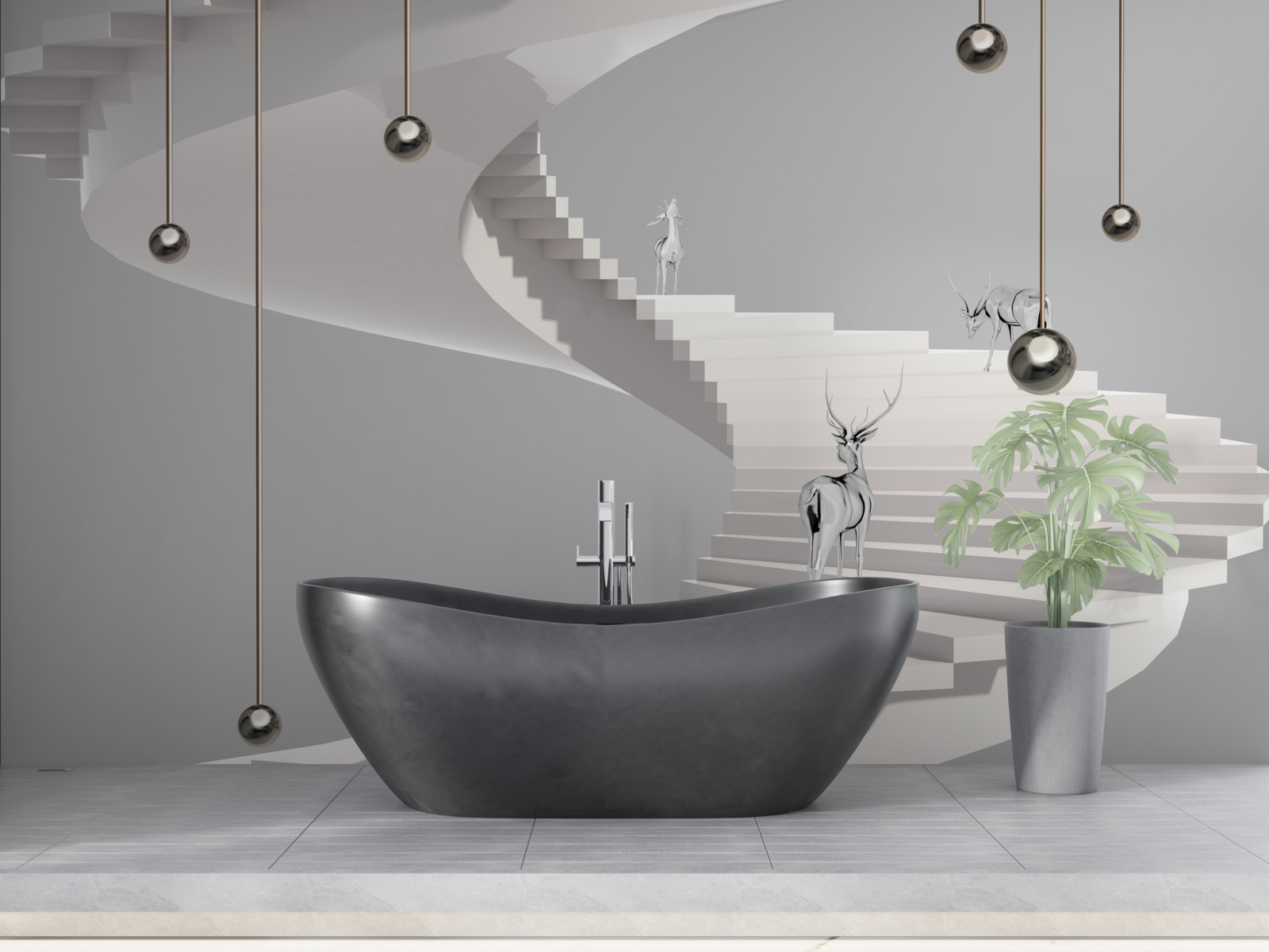 Fototapeta jeleń na spiralnych schodach