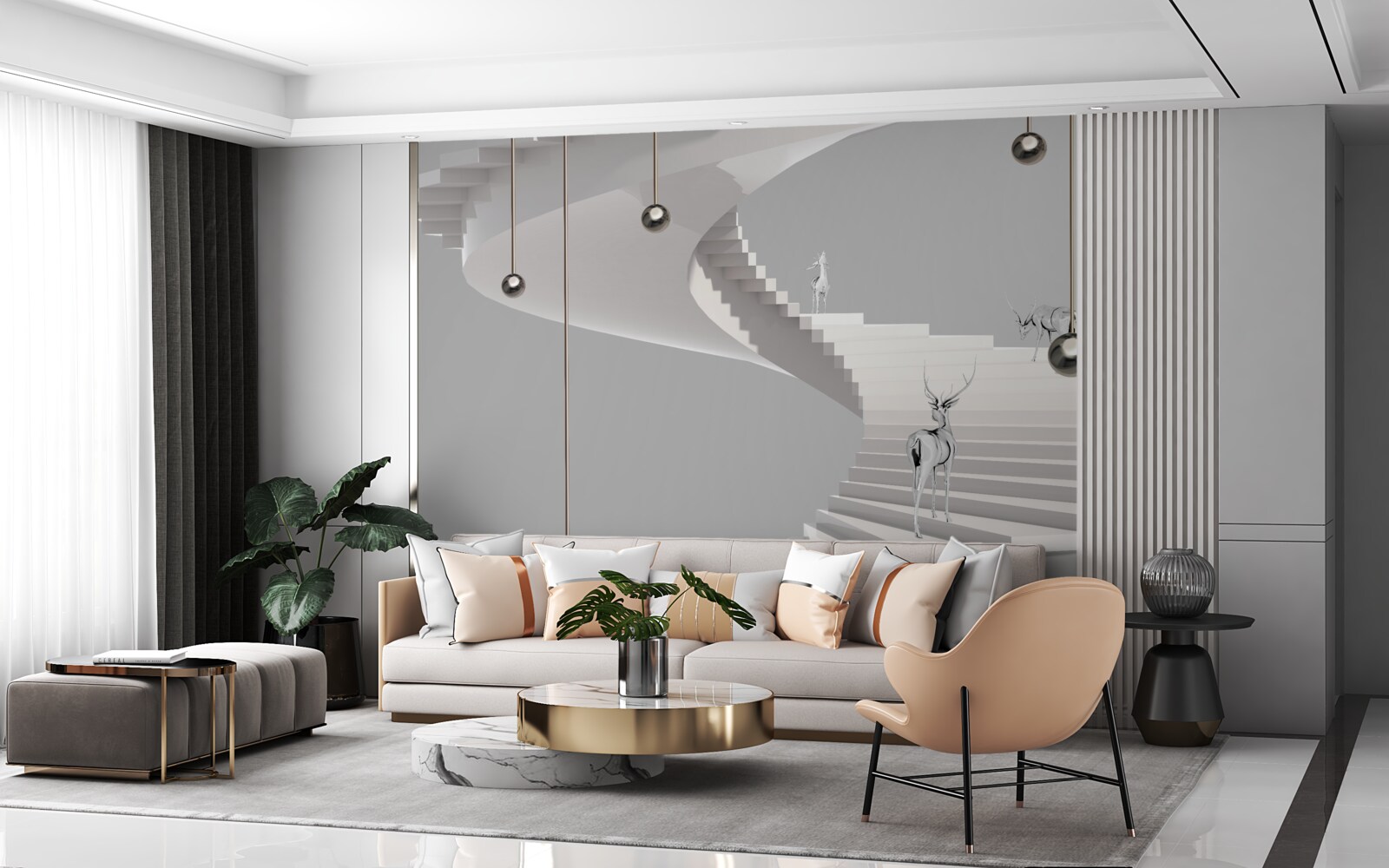 Fototapeta jeleń na spiralnych schodach