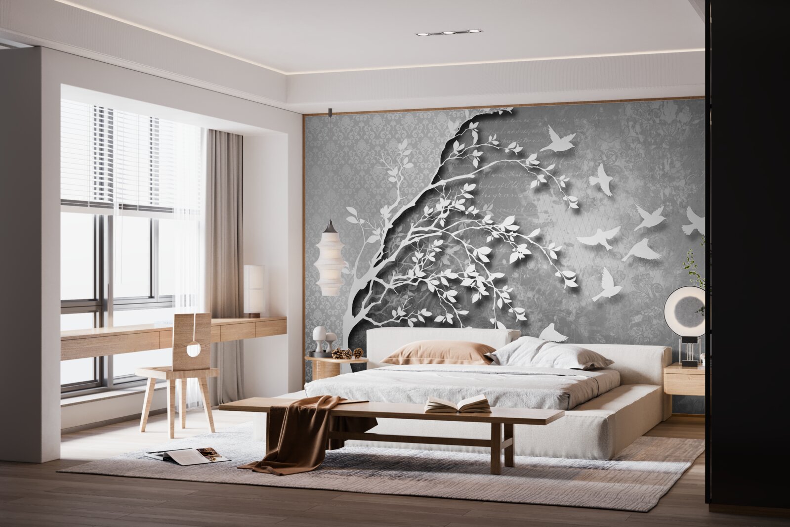 Fototapeta zarys wdzięcznych drzew i ptaków