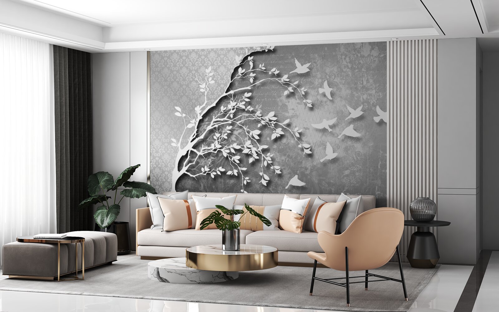 Fototapeta zarys wdzięcznych drzew i ptaków