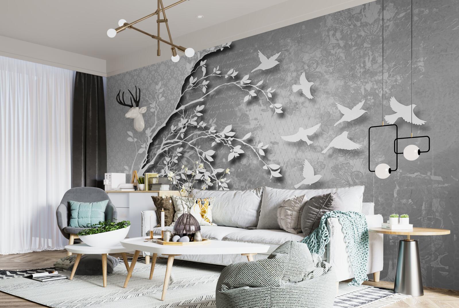 Fototapeta zarys wdzięcznych drzew i ptaków