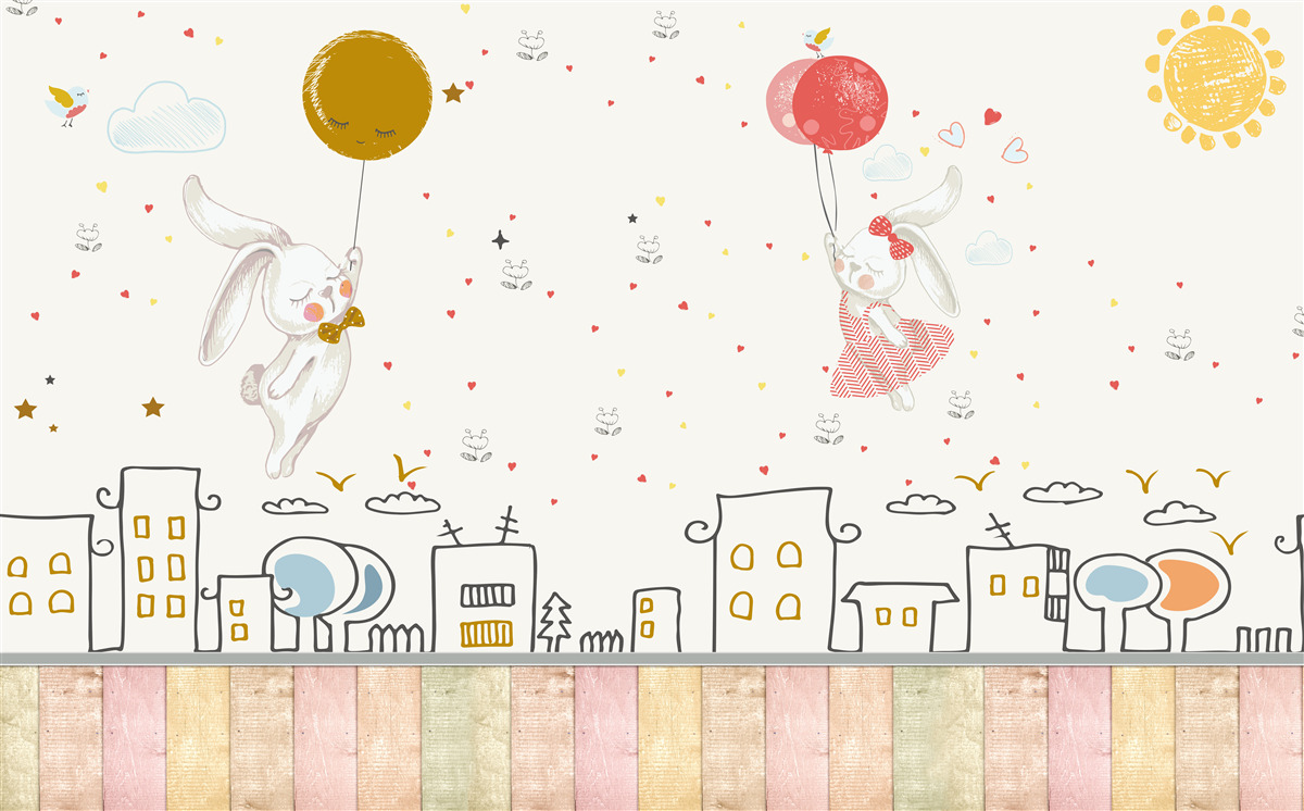 Fototapeta króliki latają po dachach za pomocą balonów