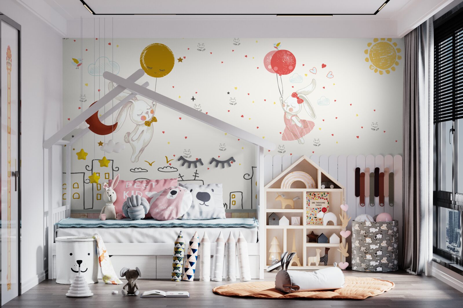 Fototapeta króliki latają po dachach za pomocą balonów