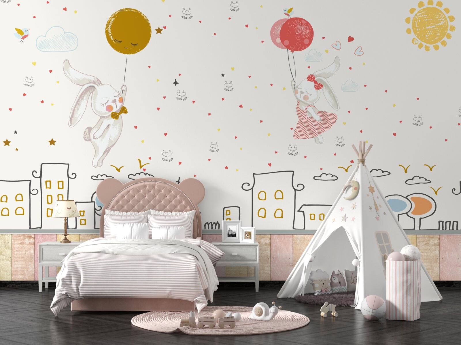 Fototapeta króliki latają po dachach za pomocą balonów