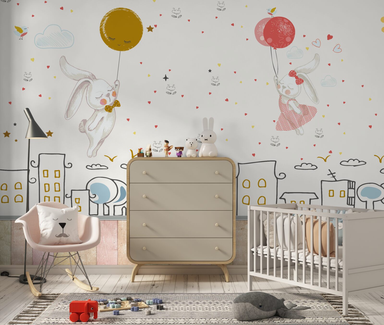 Fototapeta króliki latają po dachach za pomocą balonów