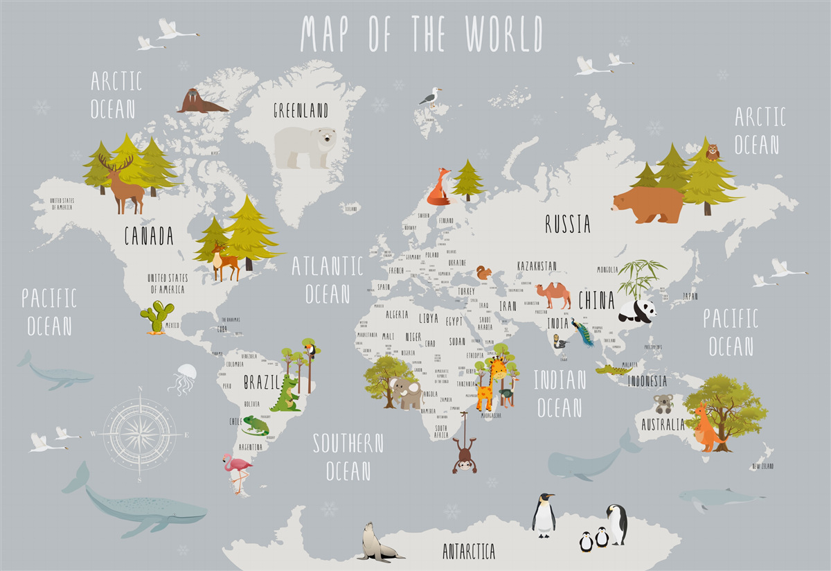 Fototapeta przedstawiciele fauny i flory na mapie ziemi