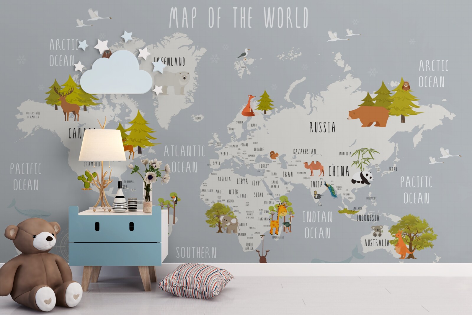 Fototapeta przedstawiciele fauny i flory na mapie ziemi