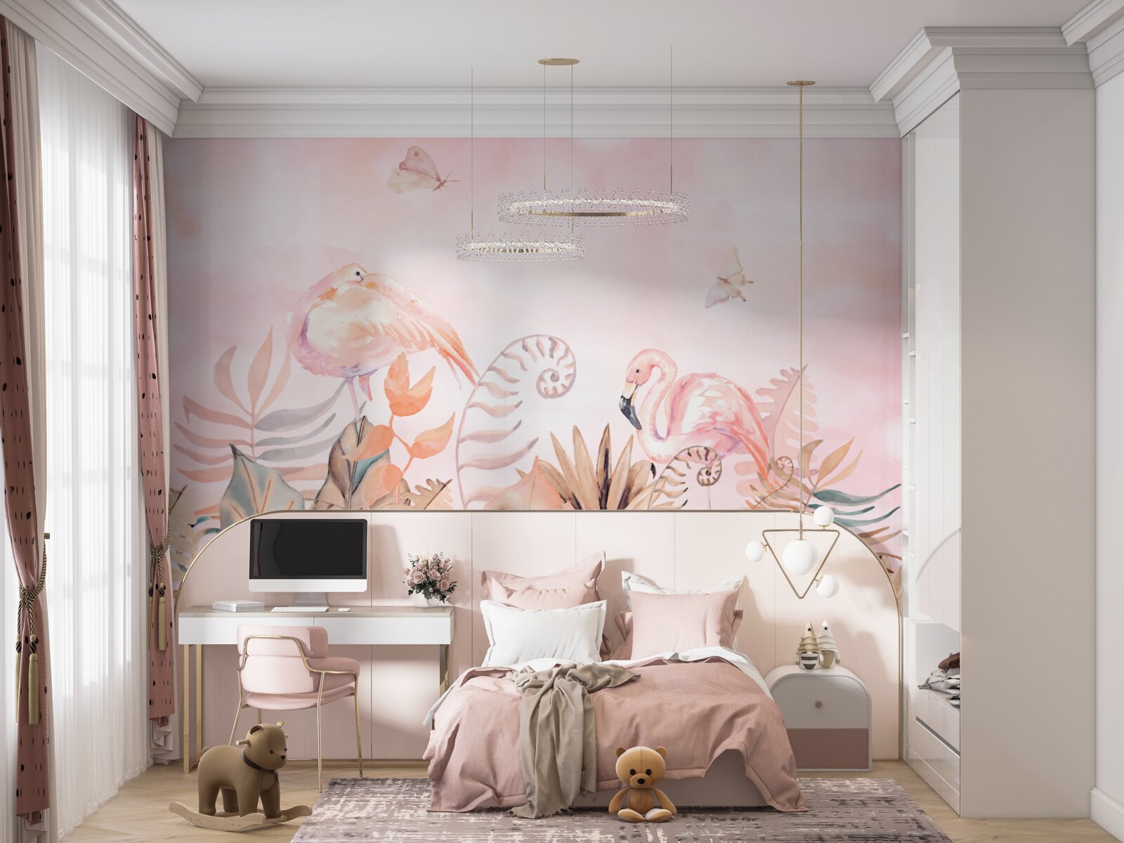 Fototapeta na gałęziach znajdują się różowe flamingi