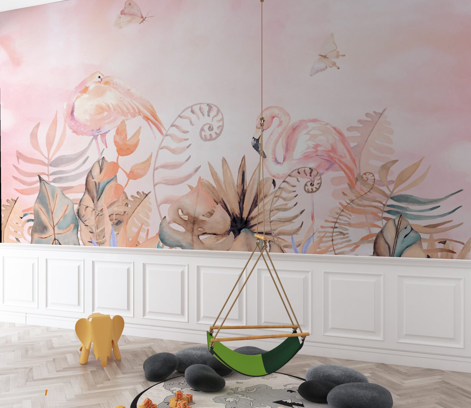 Fototapeta na gałęziach znajdują się różowe flamingi