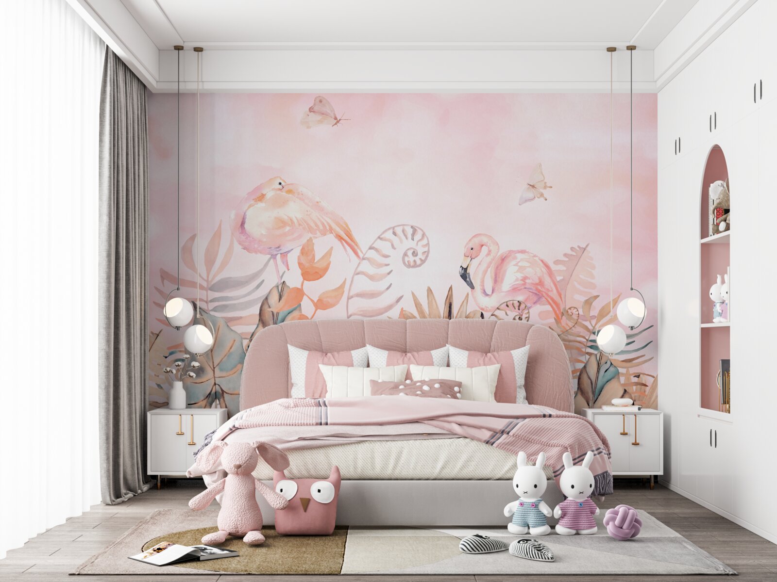 Fototapeta na gałęziach znajdują się różowe flamingi