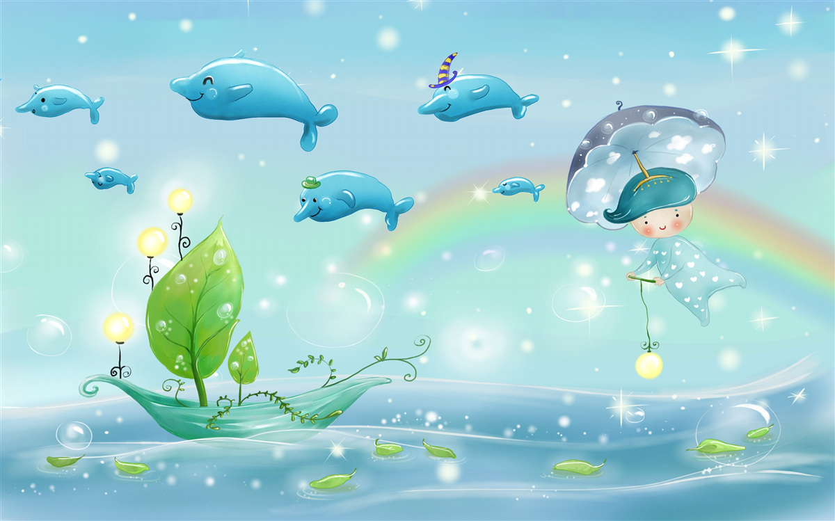 Fototapeta dzieciak z parasolką leci z delfinami nad powierzchnią wody