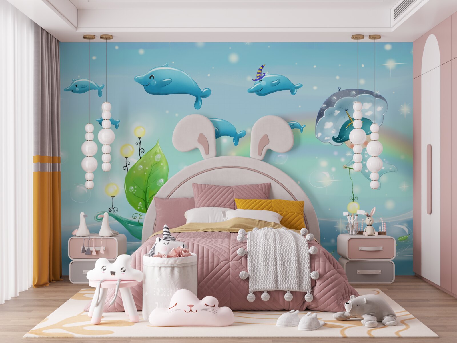 Fototapeta dzieciak z parasolką leci z delfinami nad powierzchnią wody