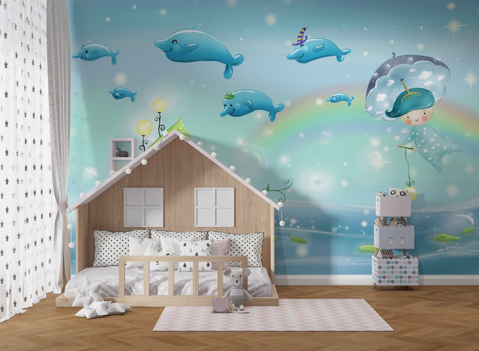 Fototapeta dzieciak z parasolką leci z delfinami nad powierzchnią wody