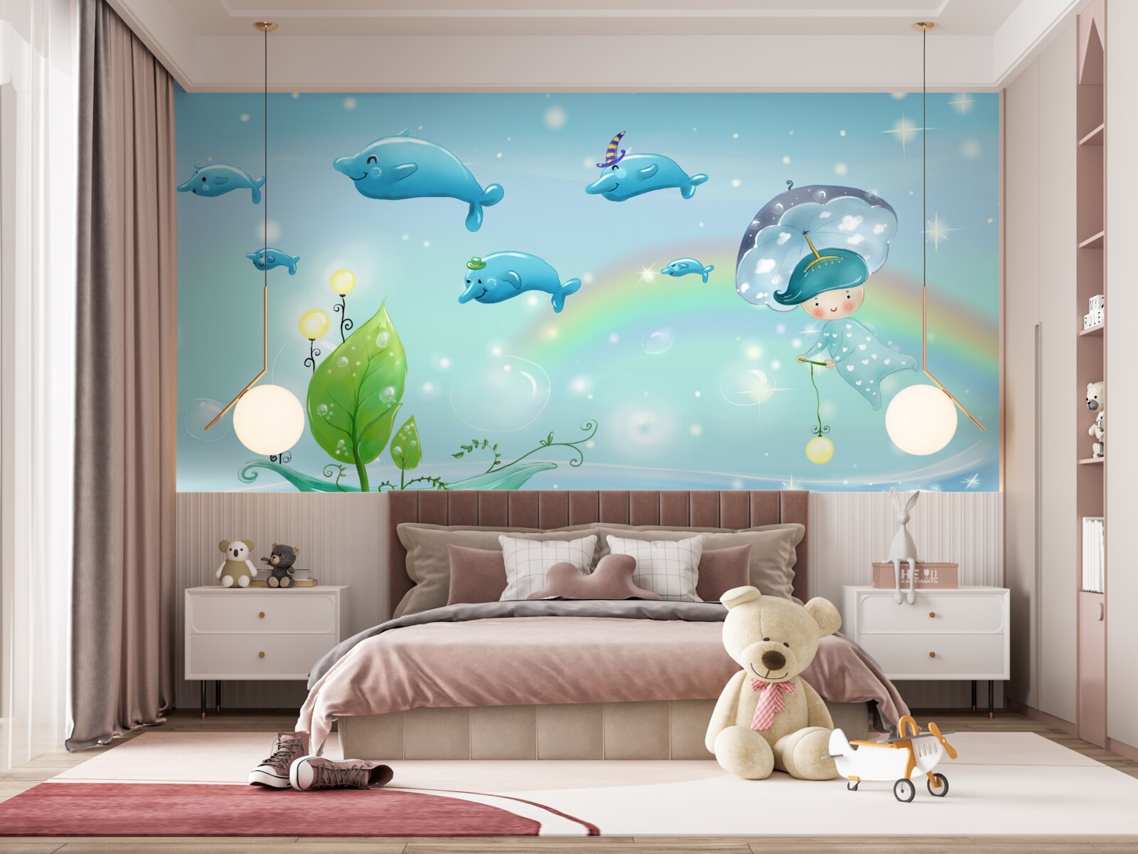 Fototapeta dzieciak z parasolką leci z delfinami nad powierzchnią wody