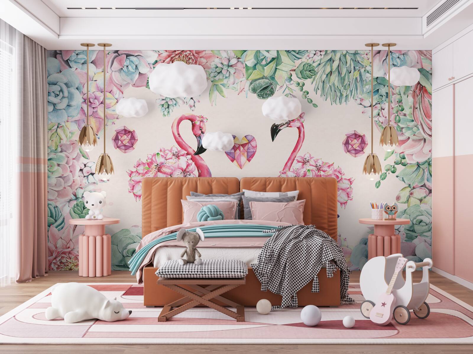 Fototapeta dwa różowe flamingi wśród zieleni i kwiatów