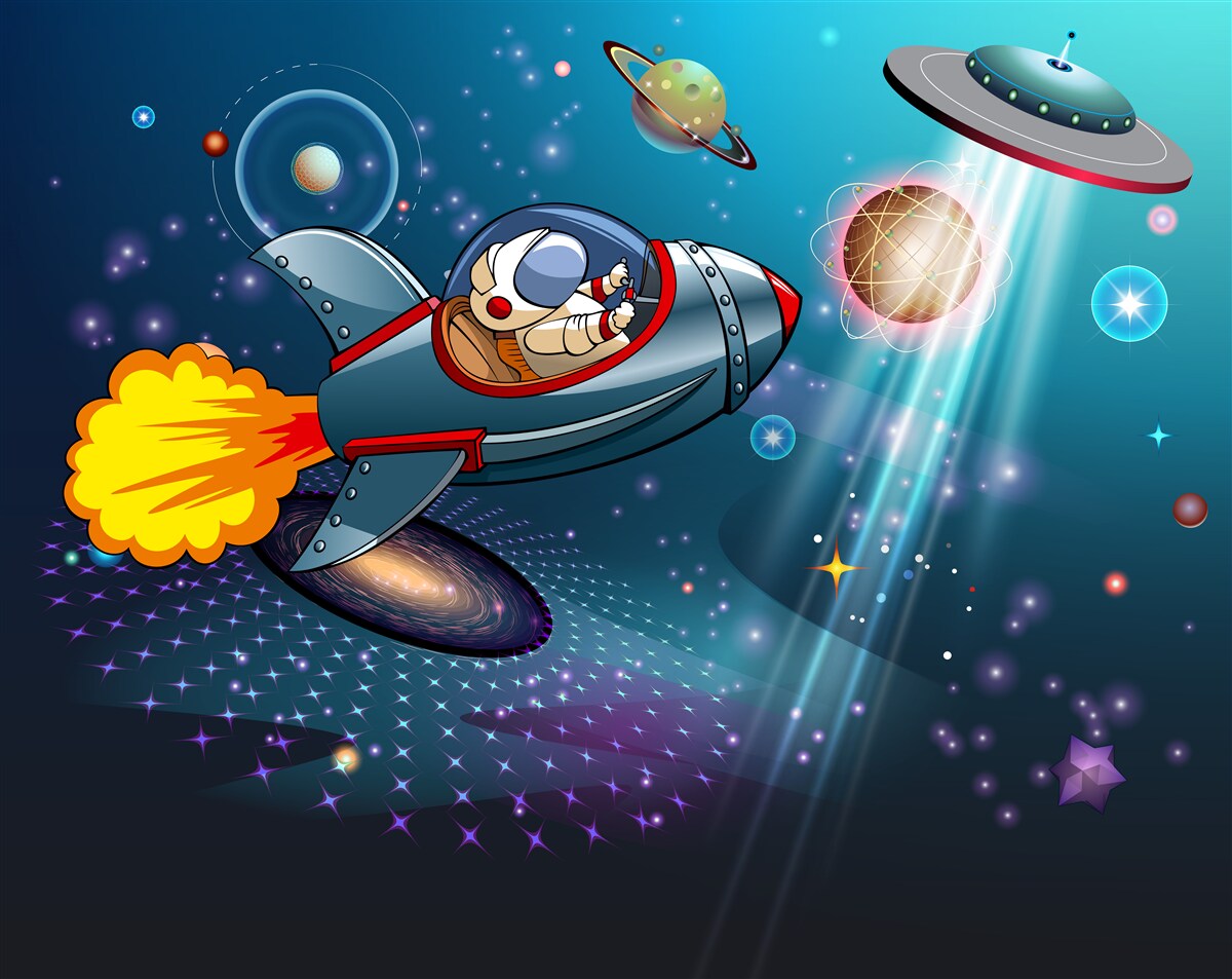 Fototapeta astronauta podróżuje rakietą w otchłań kosmosu