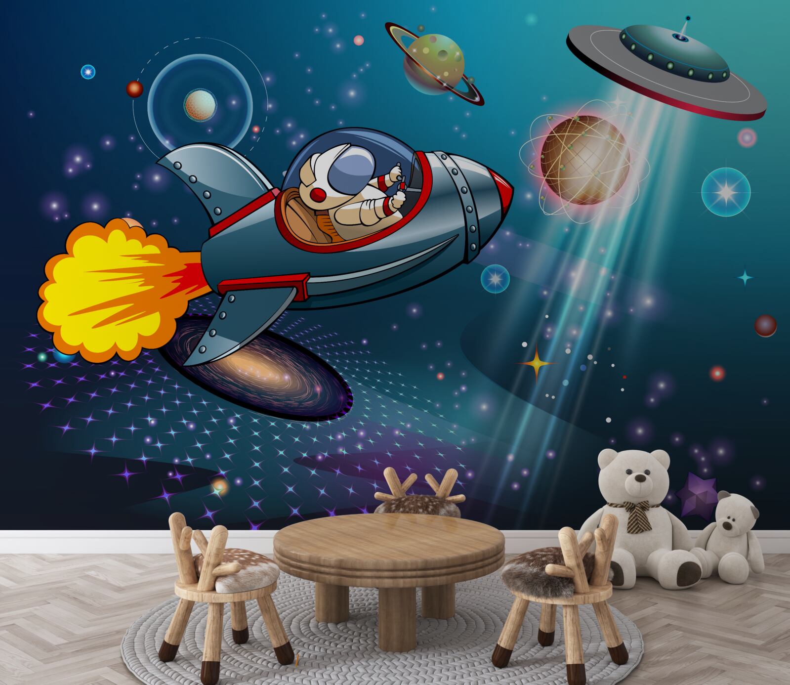 Fototapeta astronauta podróżuje rakietą w otchłań kosmosu