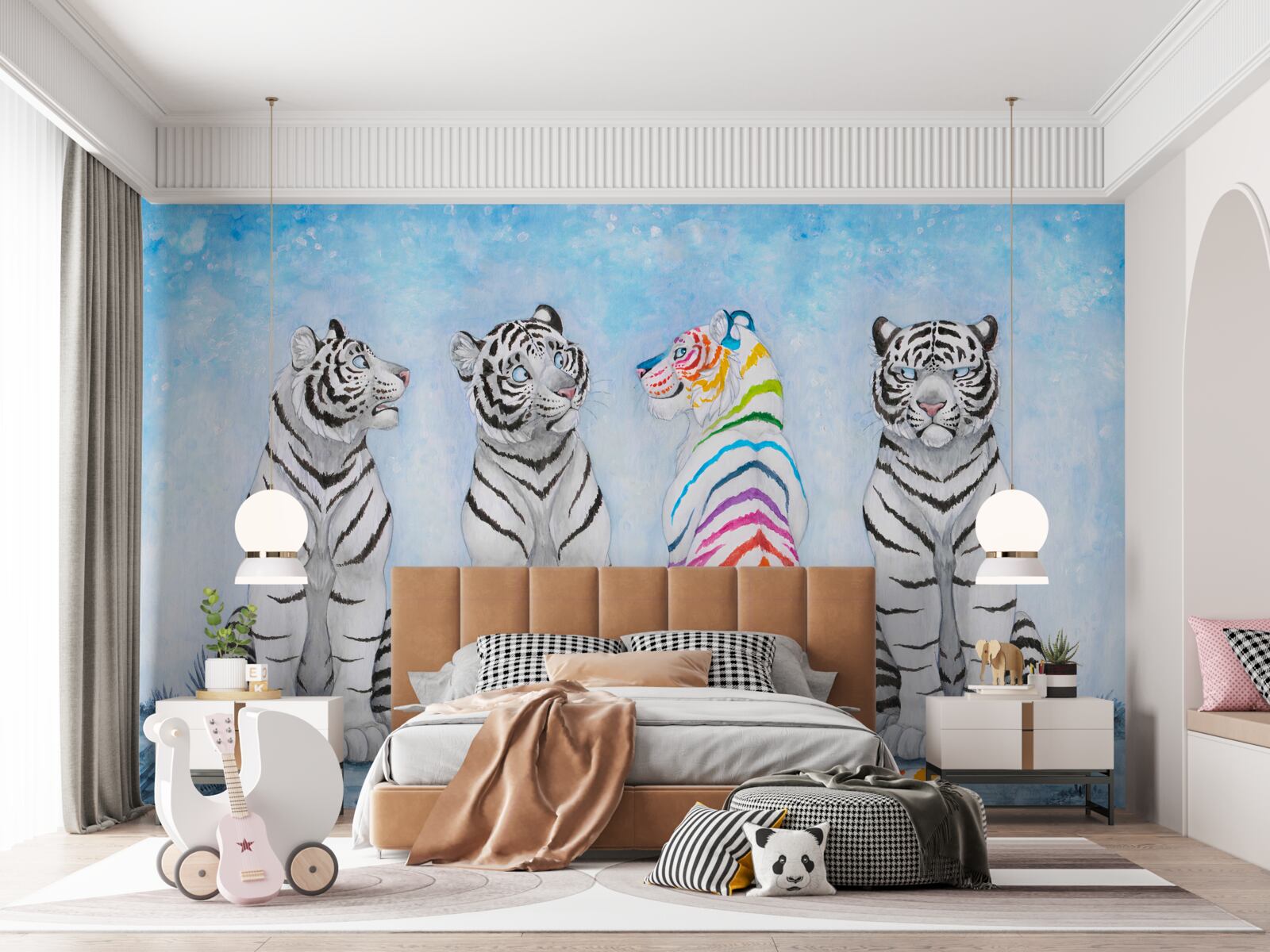 Fototapeta jeden pstrokaty tygrys i trzy białe tygrysy