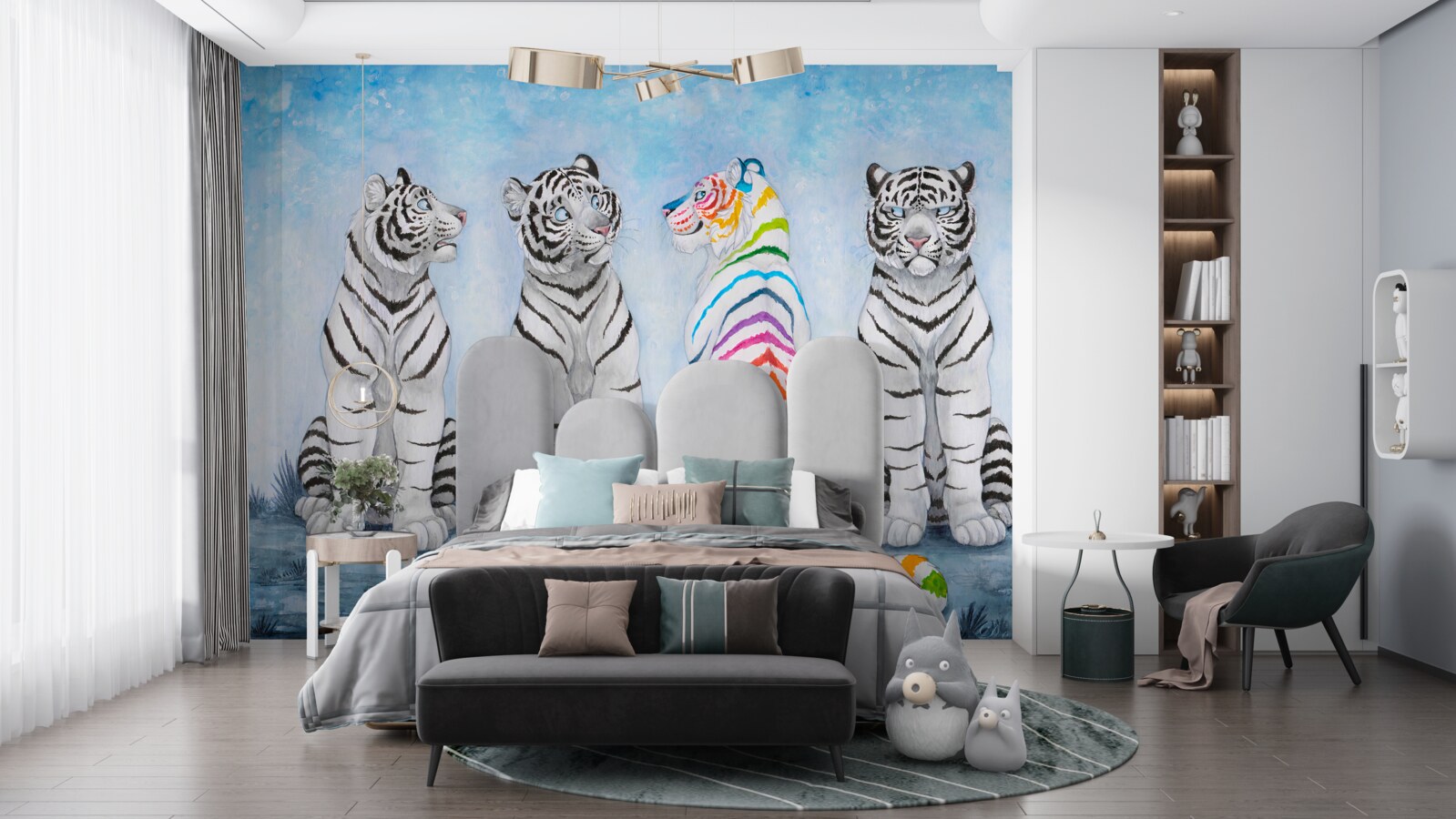 Fototapeta jeden pstrokaty tygrys i trzy białe tygrysy