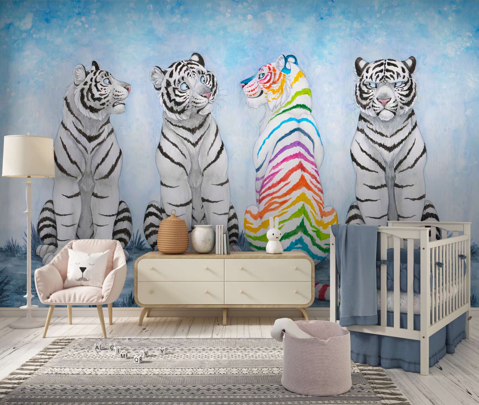 Fototapeta jeden pstrokaty tygrys i trzy białe tygrysy