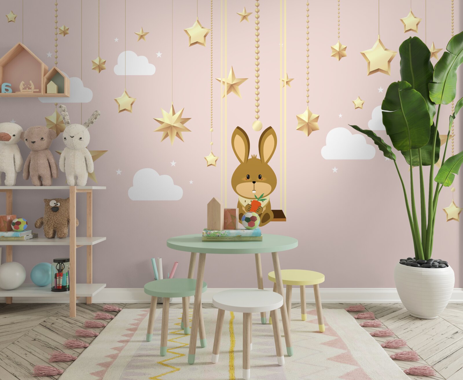 Fototapeta króliczek huśta się na huśtawce z marchewką