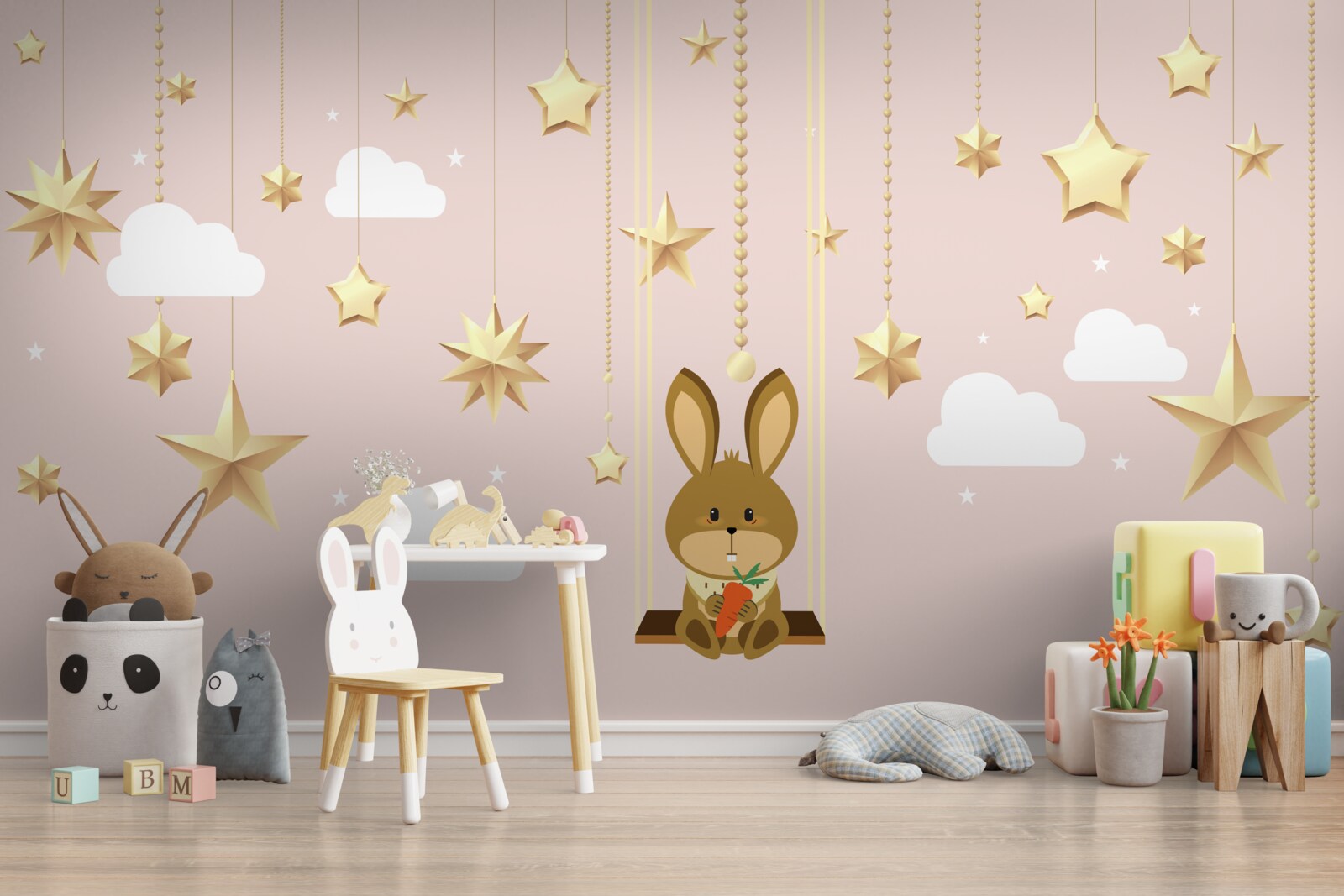 Fototapeta króliczek huśta się na huśtawce z marchewką