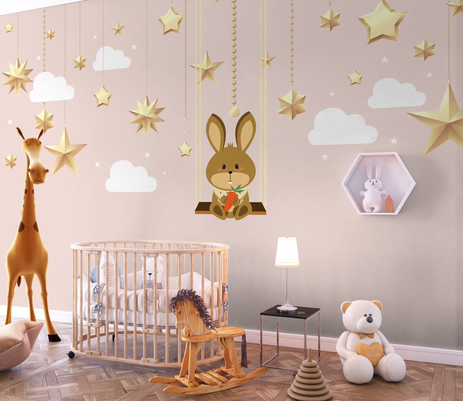 Fototapeta króliczek huśta się na huśtawce z marchewką