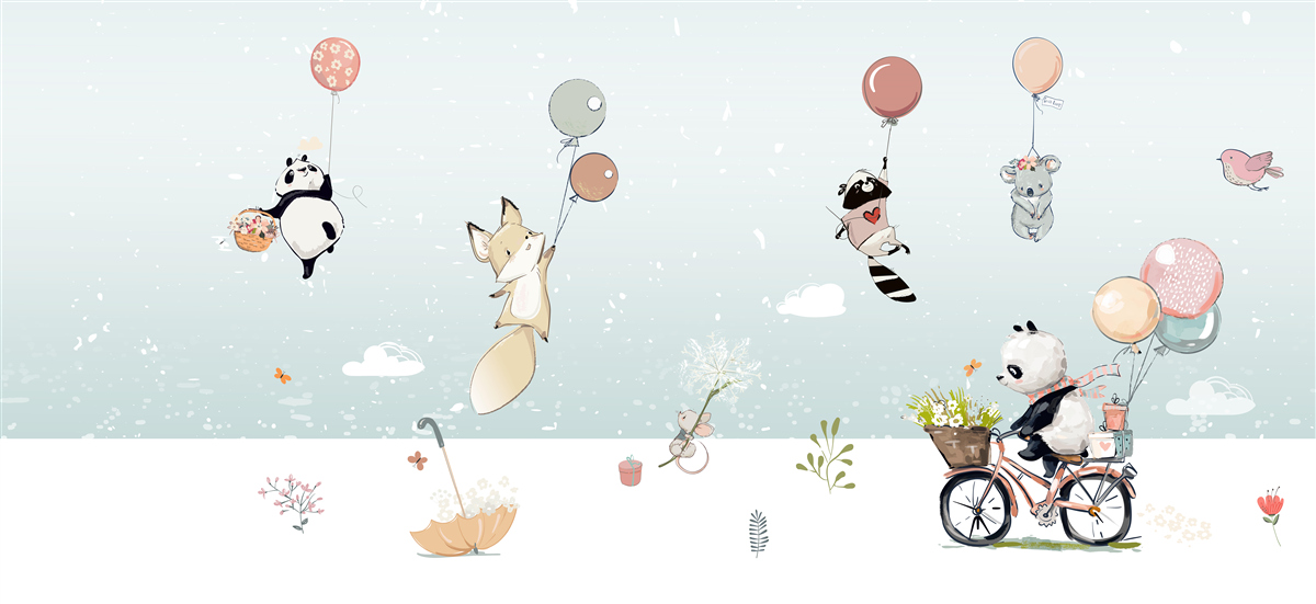 Fototapeta zwierzęta unoszą się na balonach, a panda jeździ na rowerze