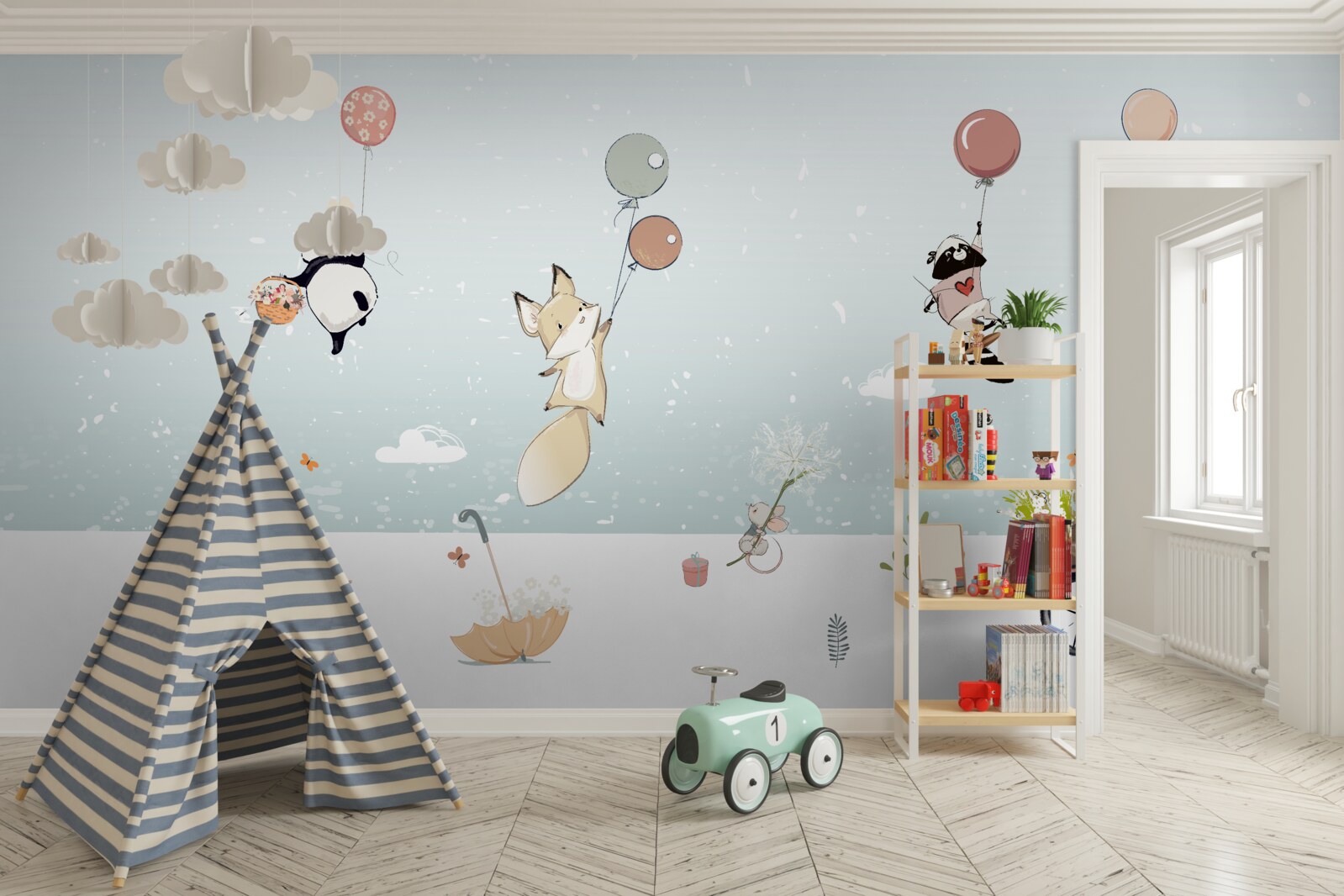 Fototapeta zwierzęta unoszą się na balonach, a panda jeździ na rowerze