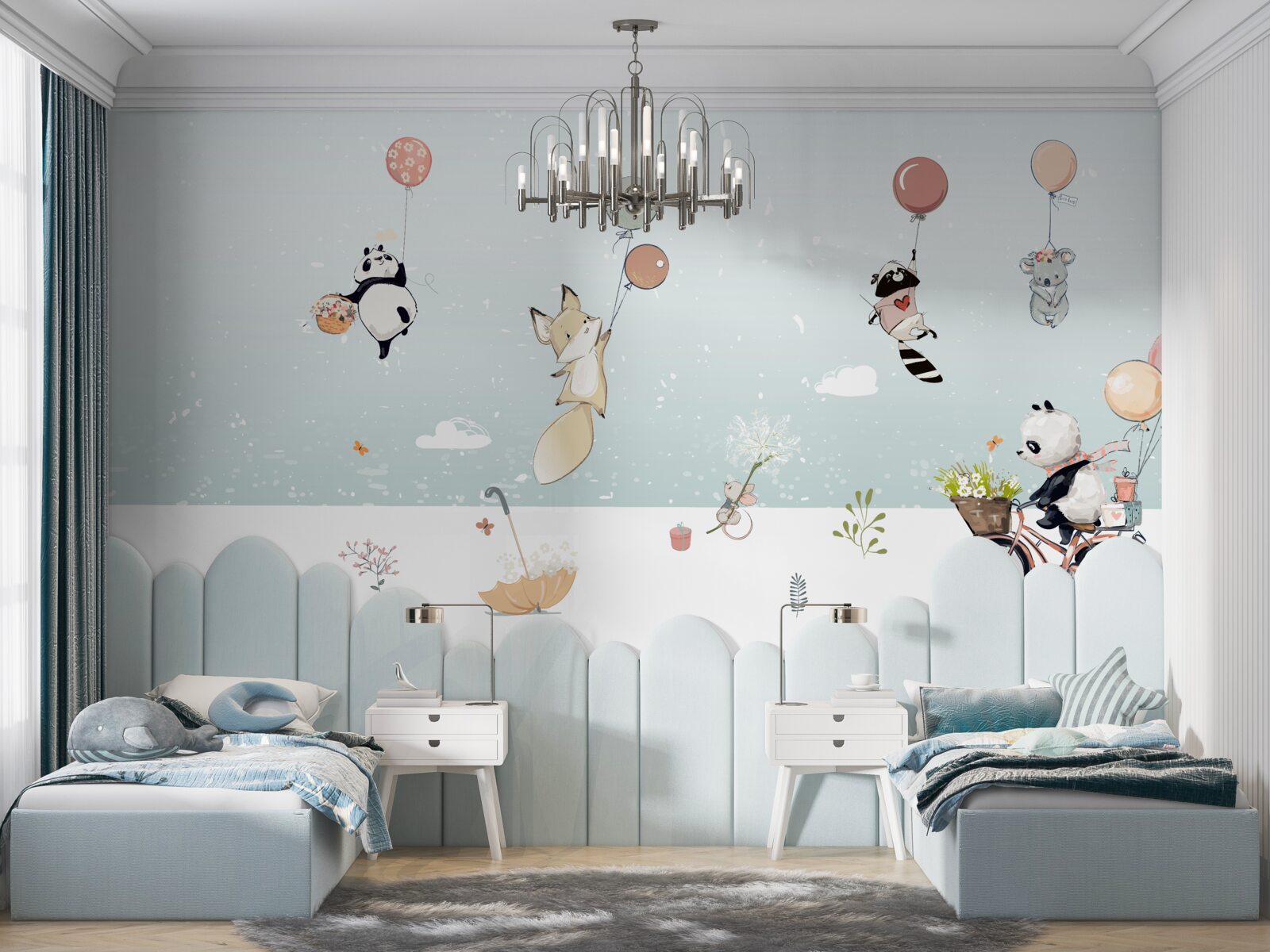 Fototapeta zwierzęta unoszą się na balonach, a panda jeździ na rowerze