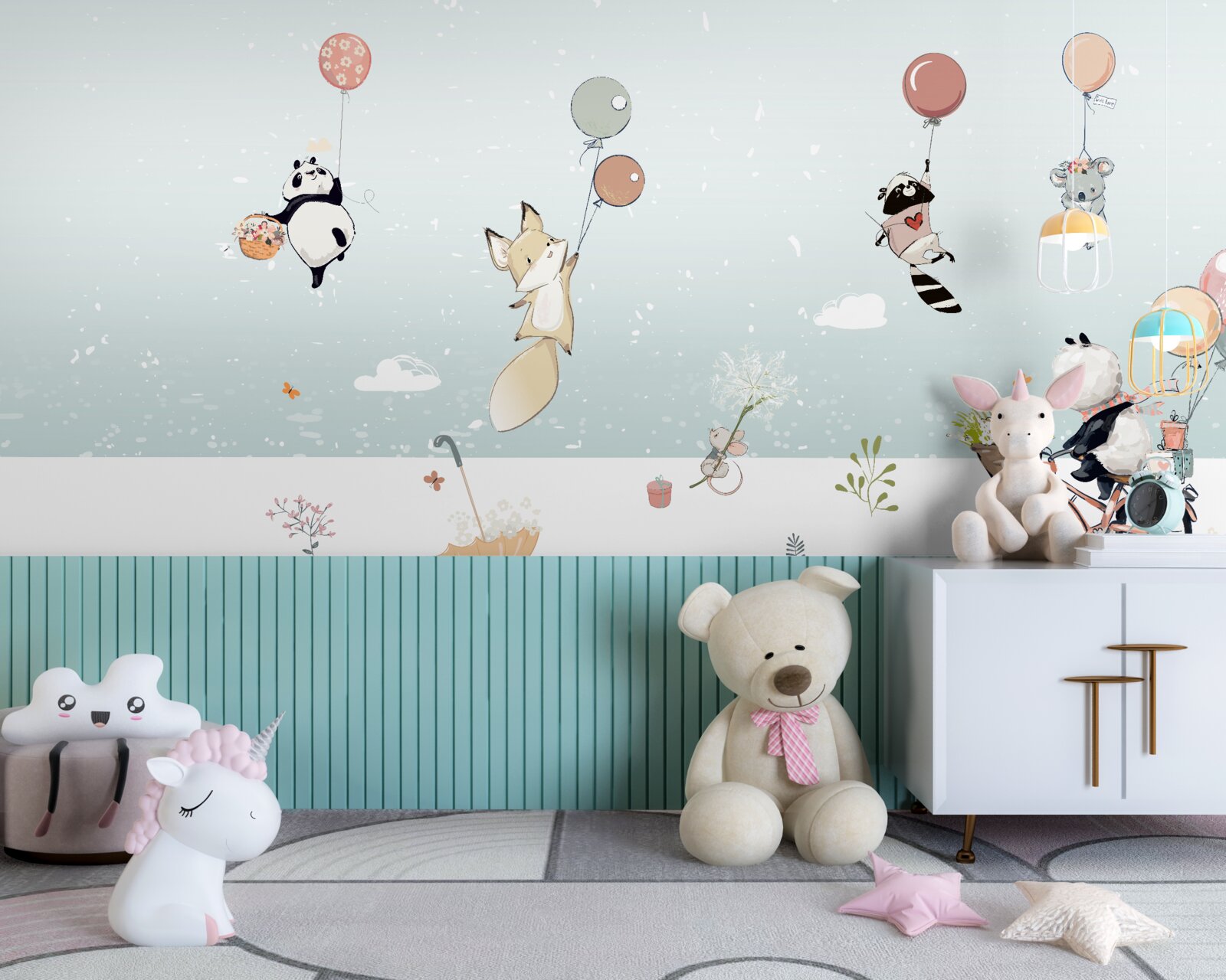 Fototapeta zwierzęta unoszą się na balonach, a panda jeździ na rowerze