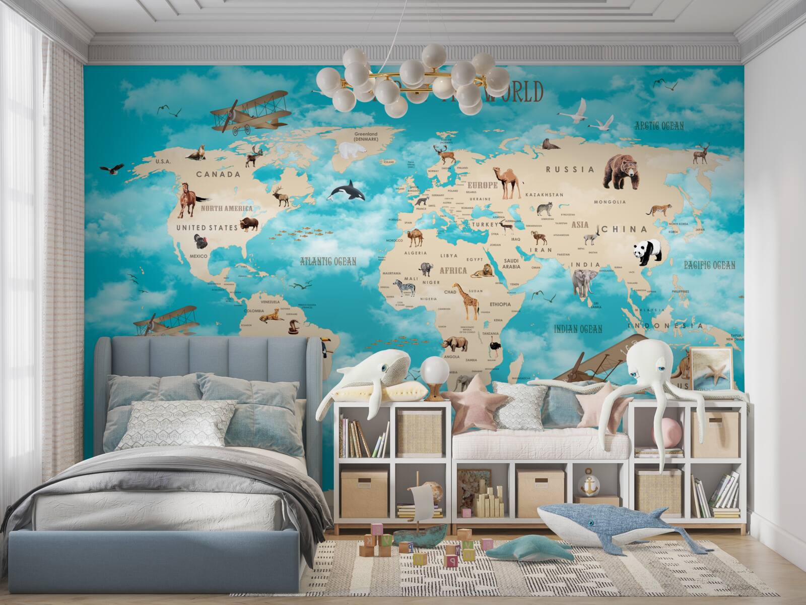 Fototapeta mapa świata ze szczegółami na turkusowym tle