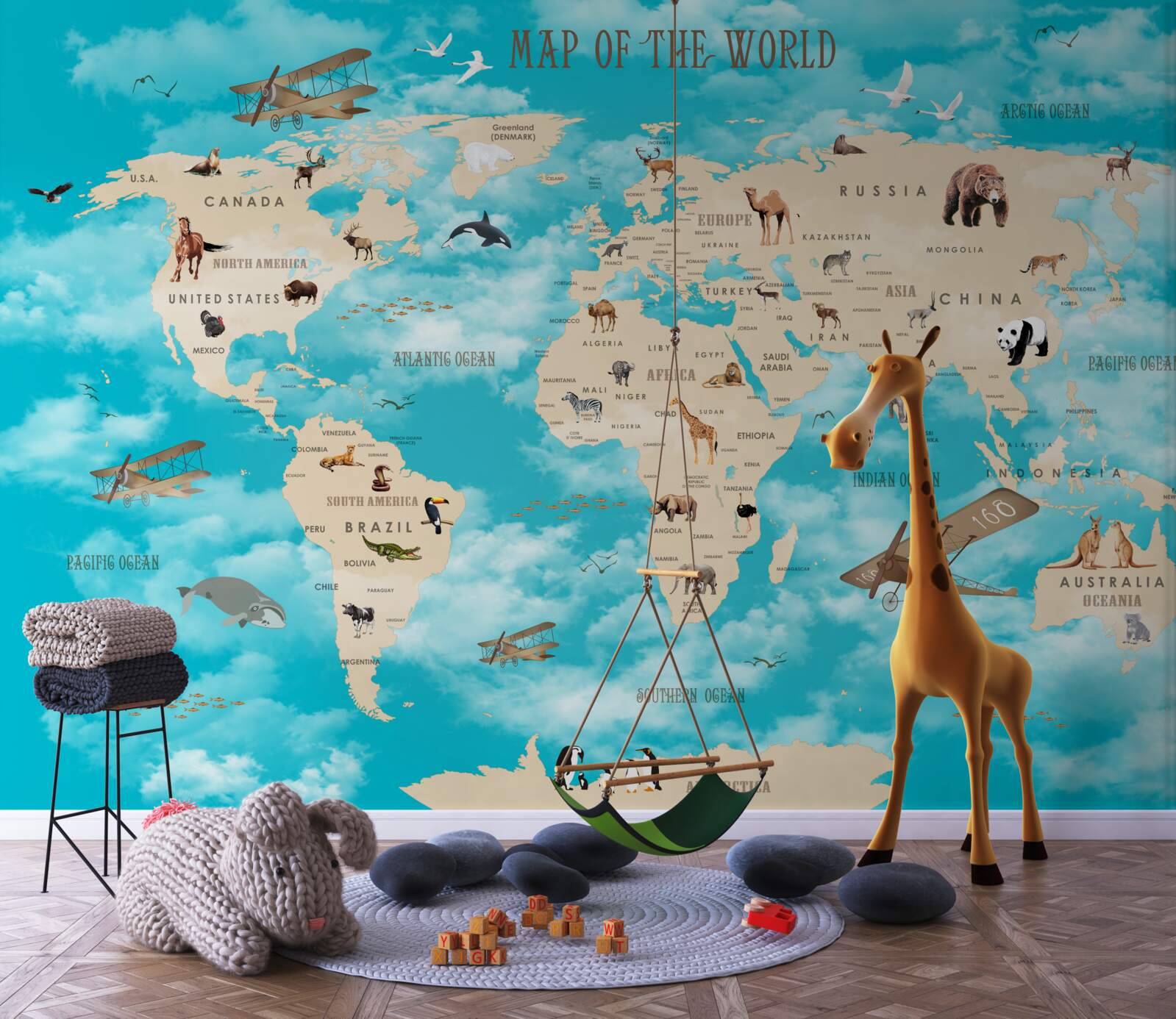 Fototapeta mapa świata ze szczegółami na turkusowym tle