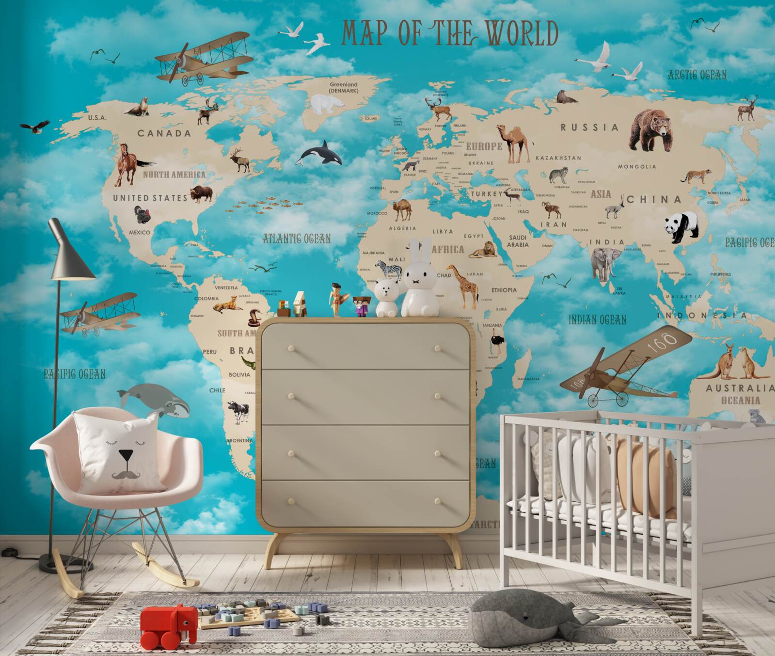 Fototapeta mapa świata ze szczegółami na turkusowym tle