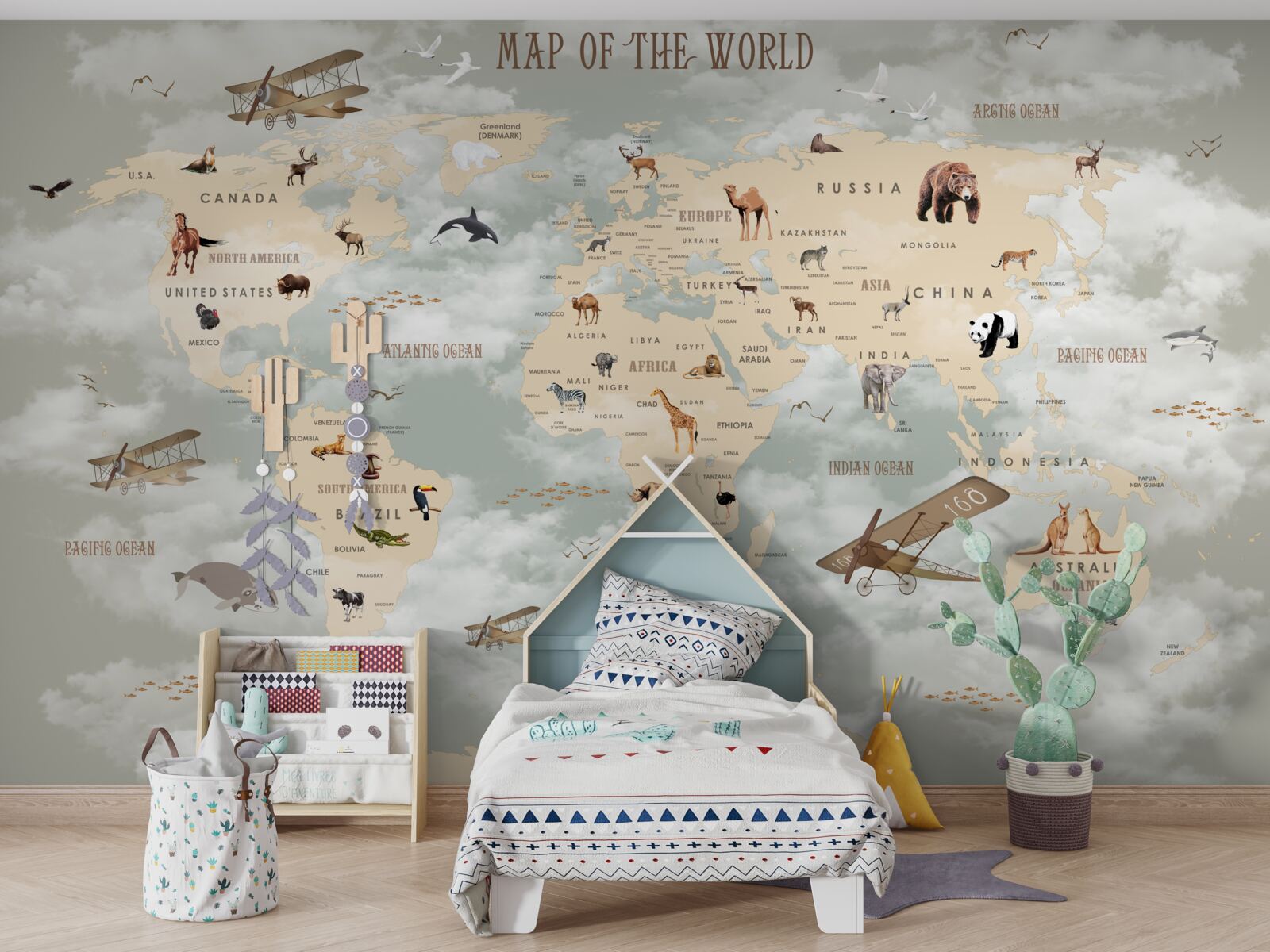 Fototapeta mapa świata przedstawiająca zwierzęta i transport