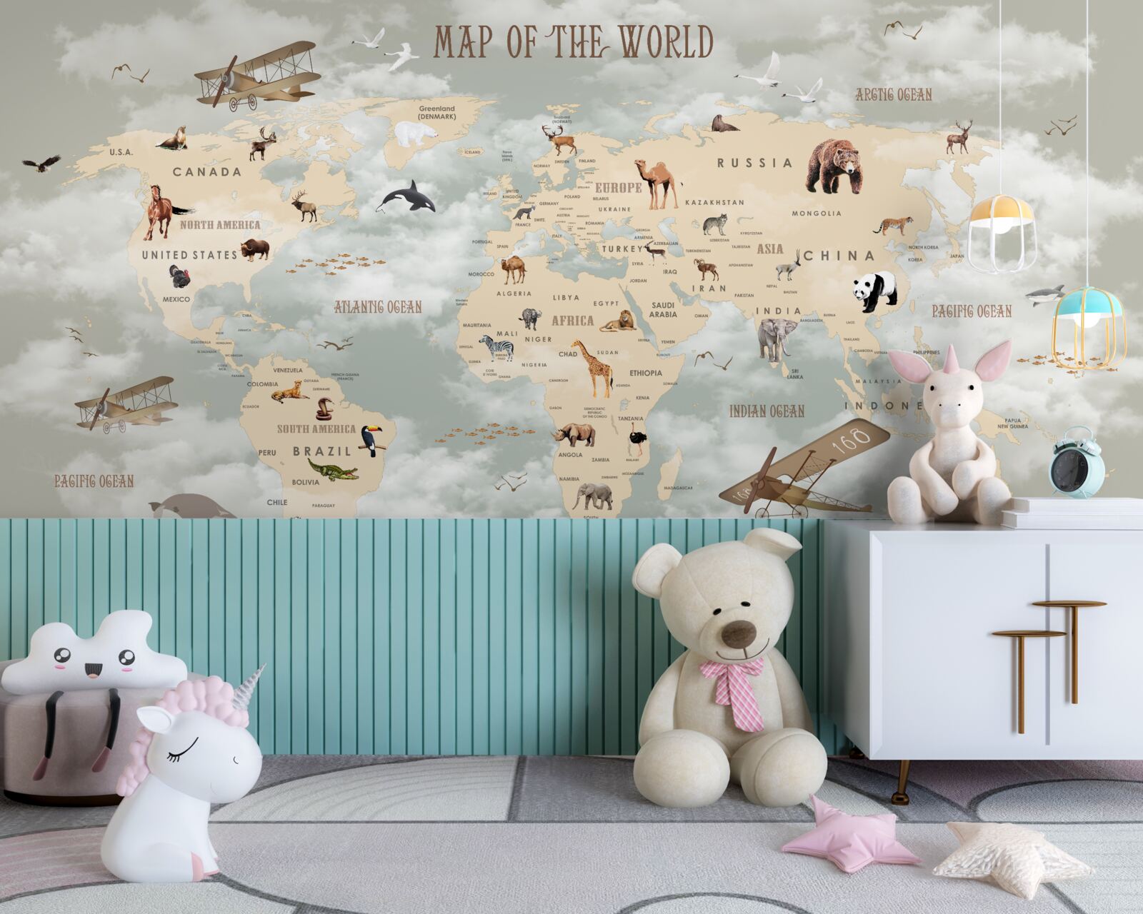 Fototapeta mapa świata przedstawiająca zwierzęta i transport