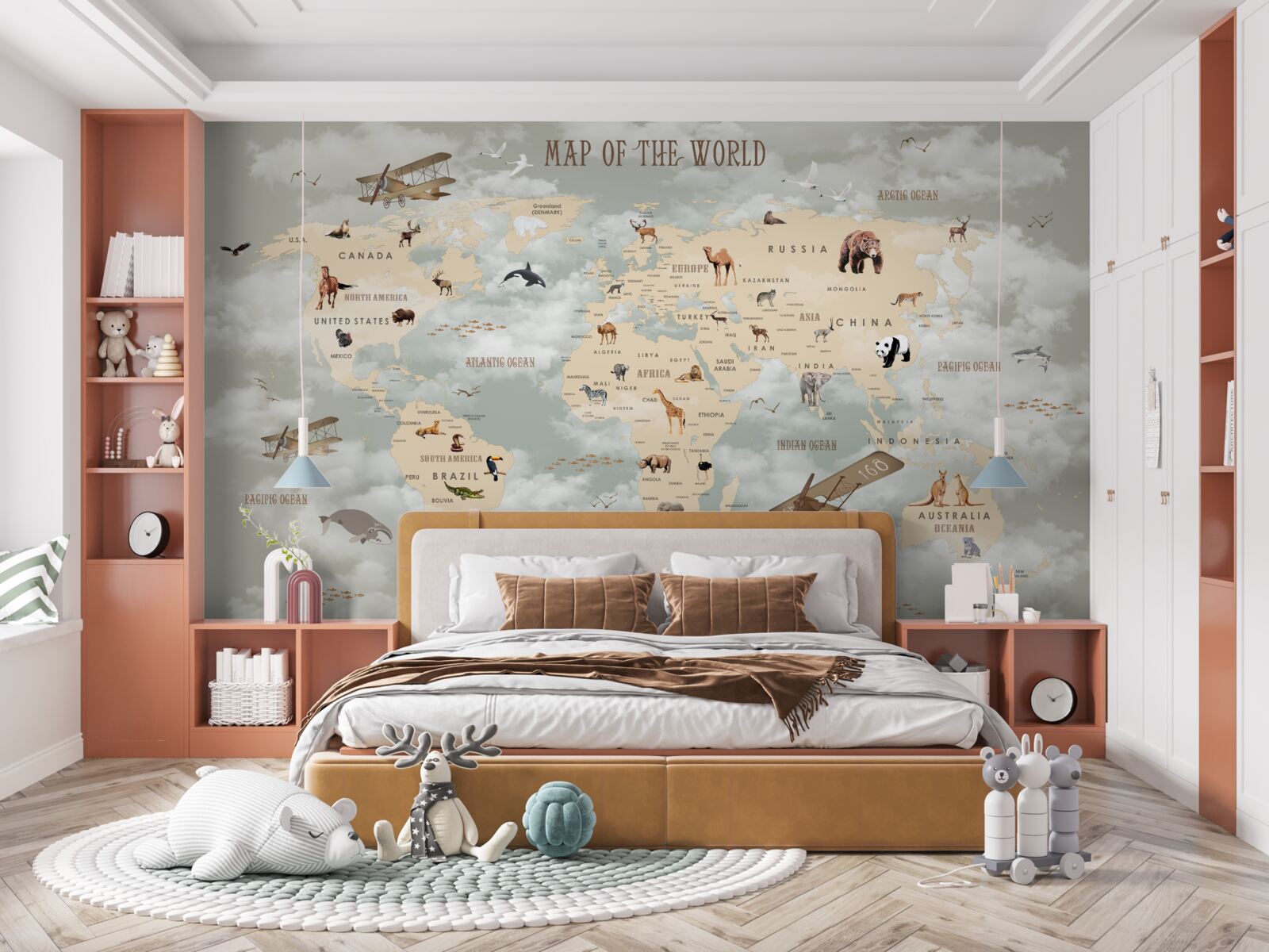 Fototapeta mapa świata przedstawiająca zwierzęta i transport