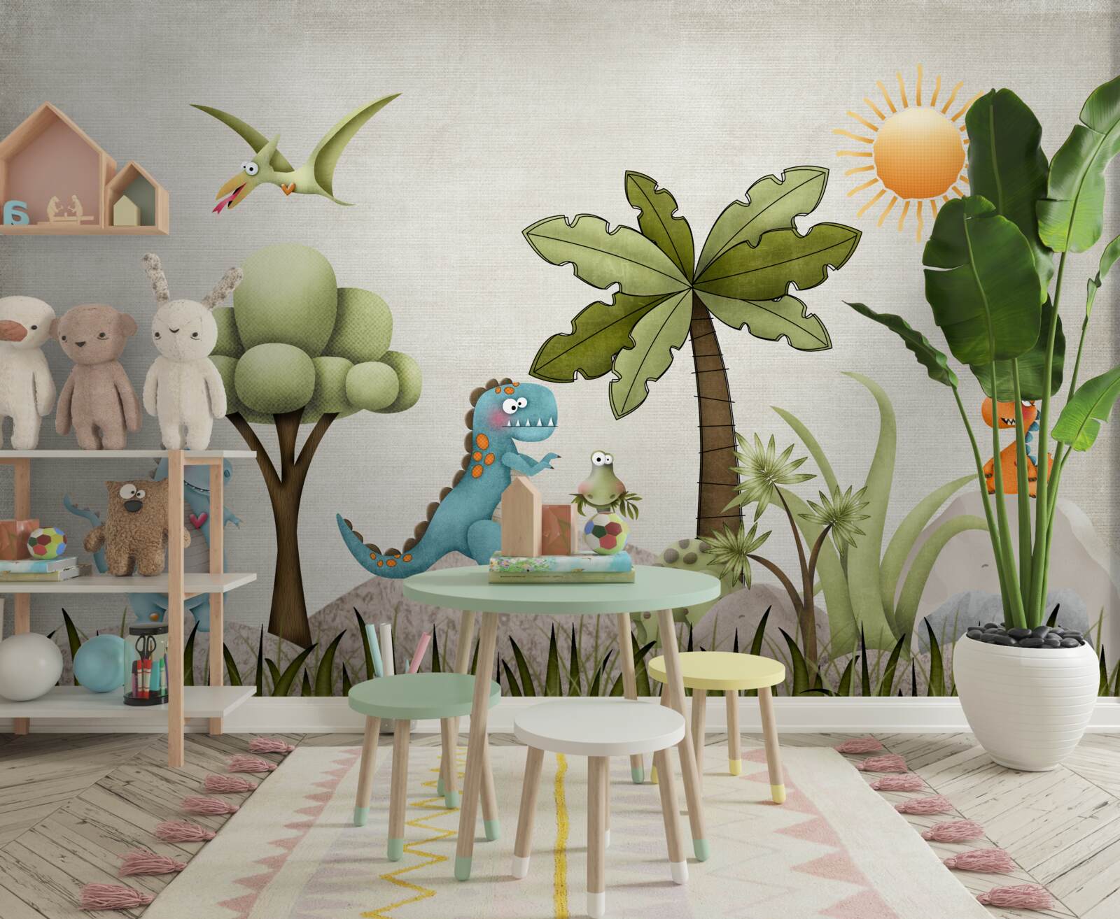 Fototapeta zielony gaj z dinozaurami