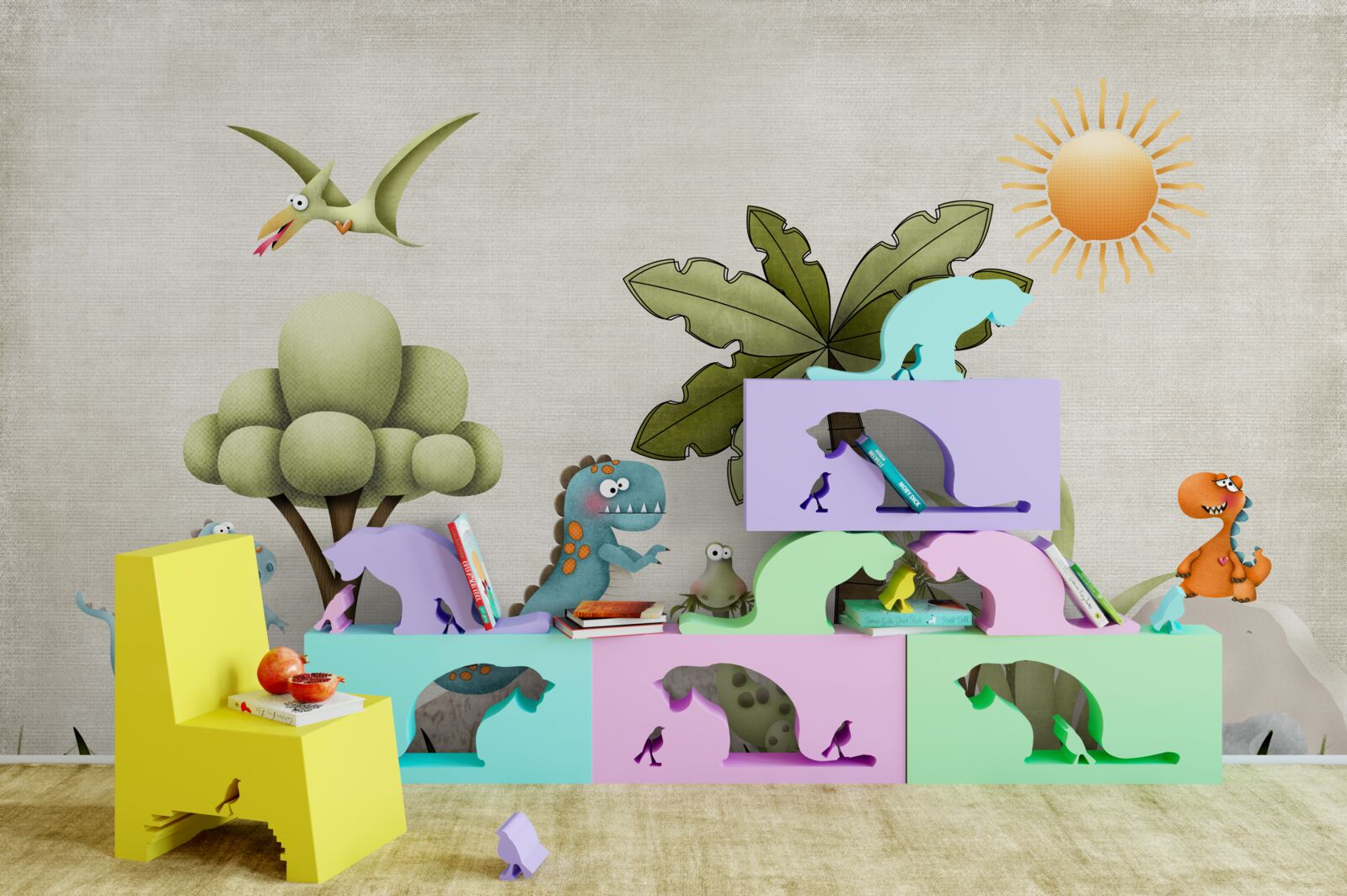 Fototapeta zielony gaj z dinozaurami