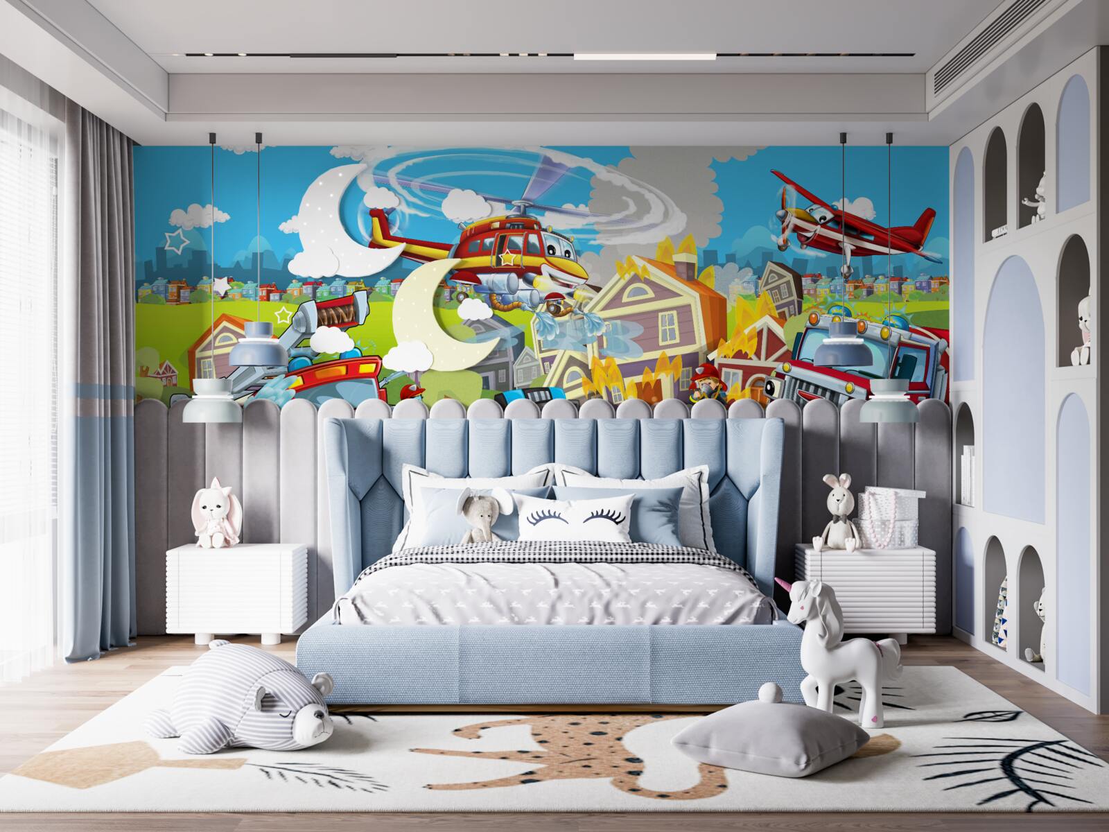 Fototapeta strażacy i różne rodzaje transportu