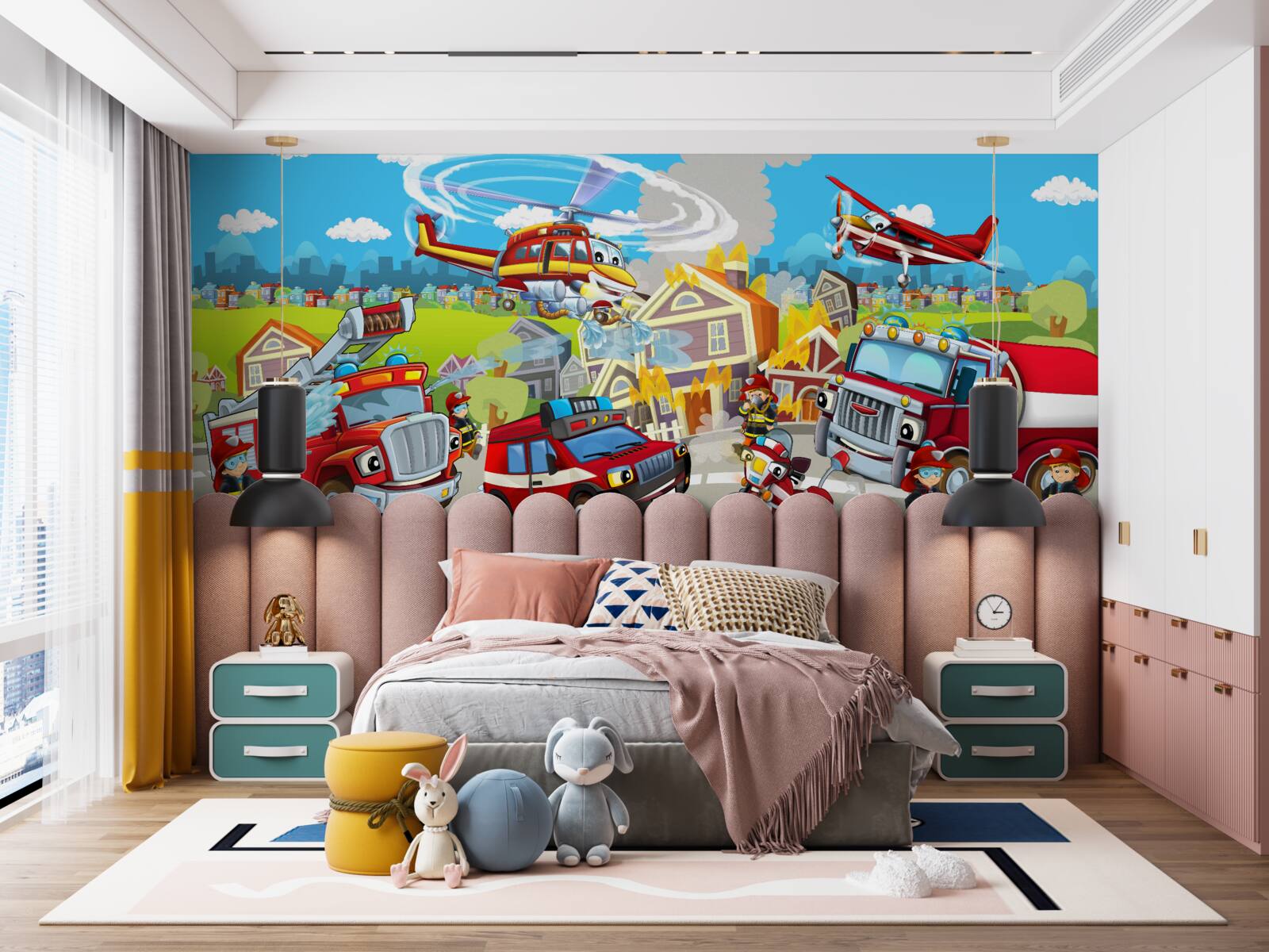 Fototapeta strażacy i różne rodzaje transportu