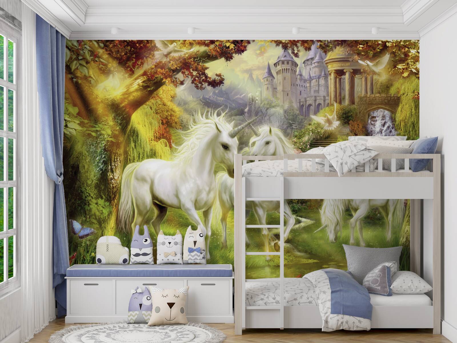 Fototapeta jednorożce są czysto białe w lesie w pobliżu zamku