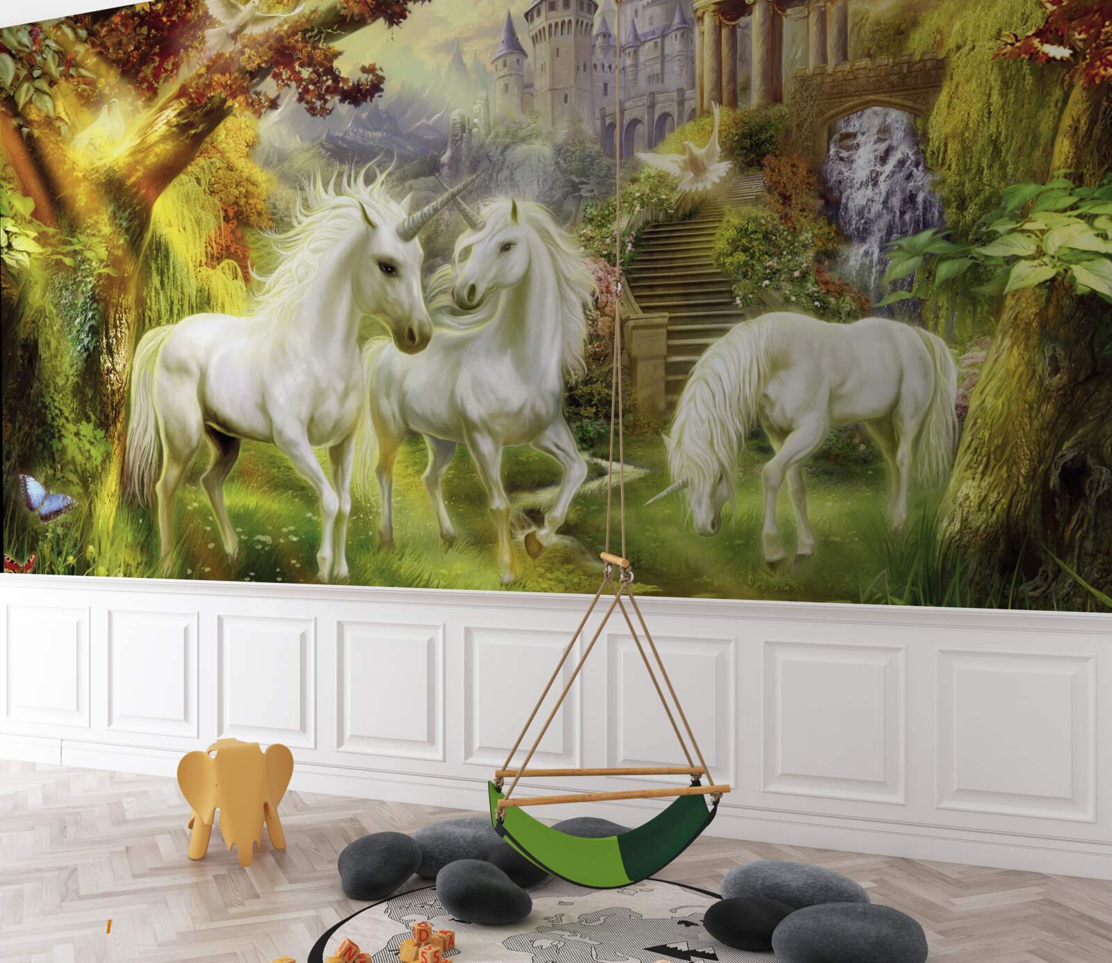 Fototapeta jednorożce są czysto białe w lesie w pobliżu zamku